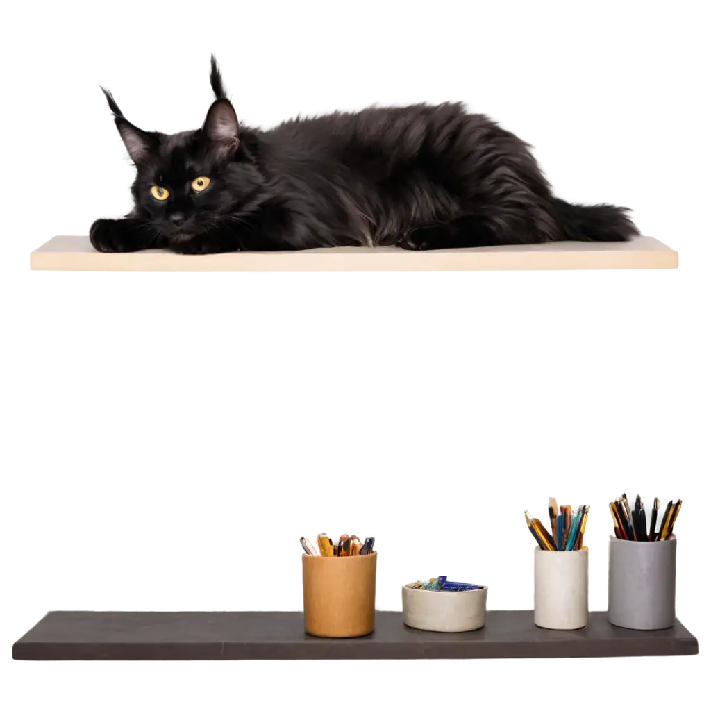 The black Maine Coon is lying with its paws and head hanging off the shelf, yellow eyes