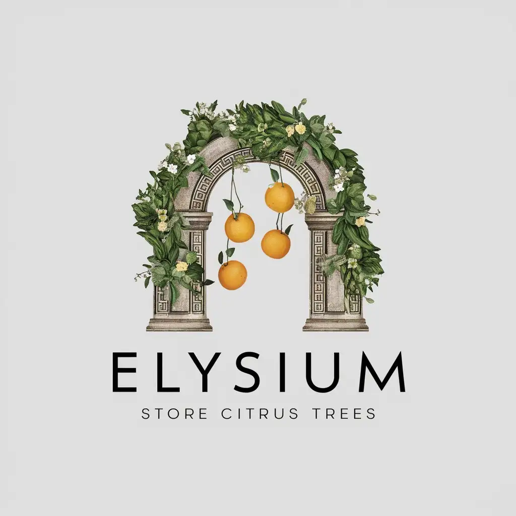 a logo design,with the text "ELYSIUM", main symbol:The main symbol of the logo is an antique, rather Greek arch that is covered with green plants. My store sells citrus trees, so perhaps oranges should be hanging from the arch. On the leafy plants, add small blooms,Minimalistic,be used in Retail industry,clear background