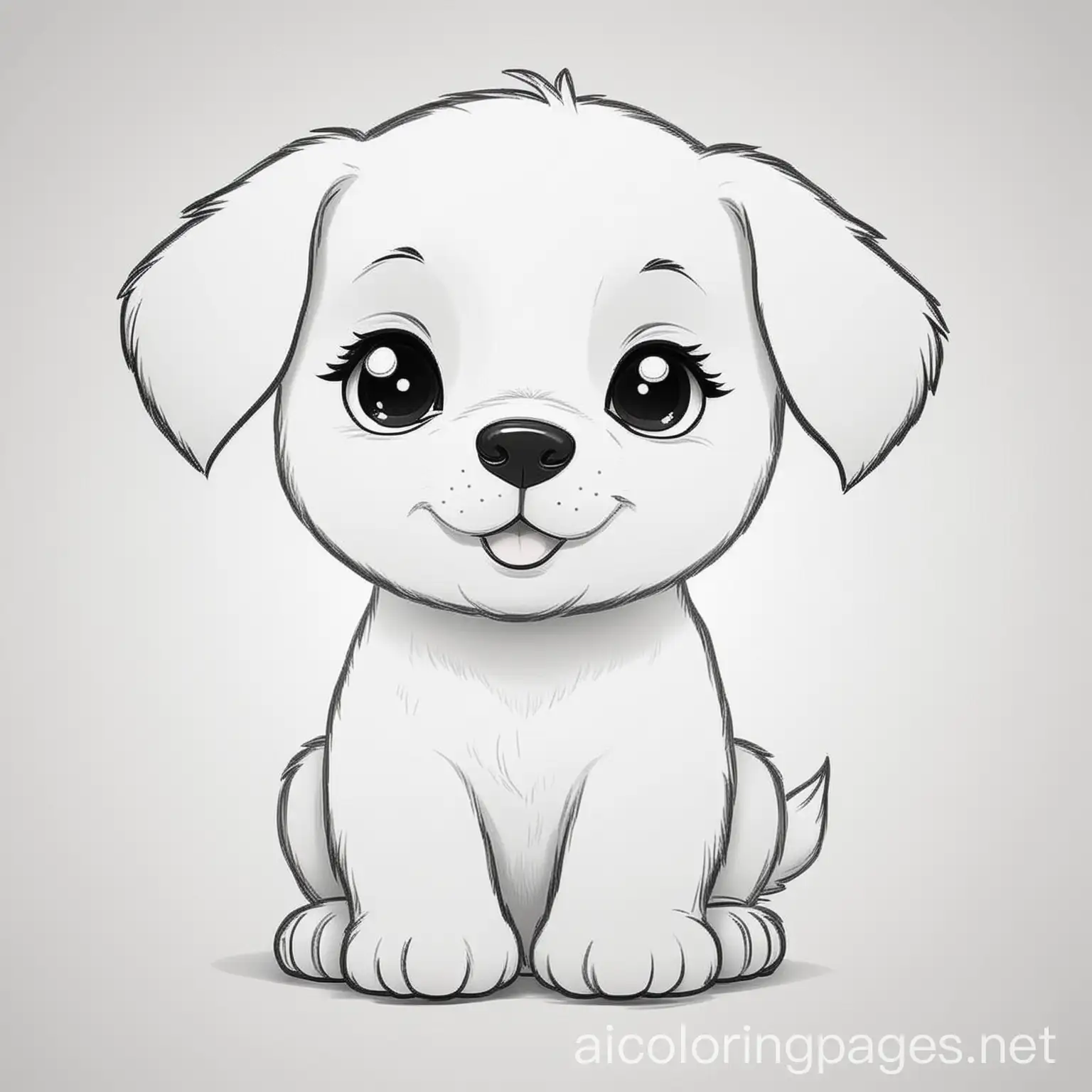 cute white  cartoon puppy, smiling, Coloring Page, black and white, line art, white background, Simplicity, Ample White Space. The background of the coloring page is plain white to make it easy for young children to color within the lines. The outlines of all the subjects are easy to distinguish, making it simple for kids to color without too much difficulty