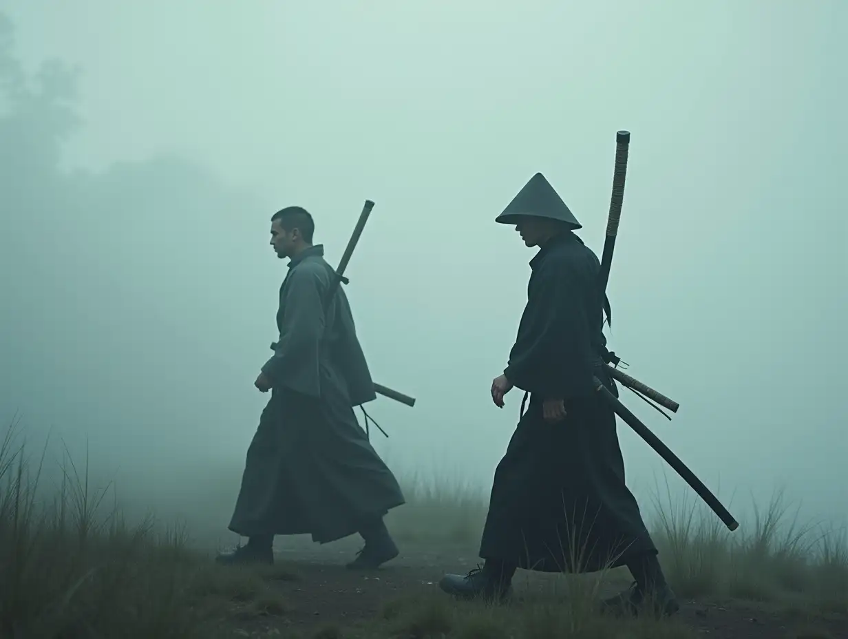 Japanese Monk and Samurai Walking in Fog