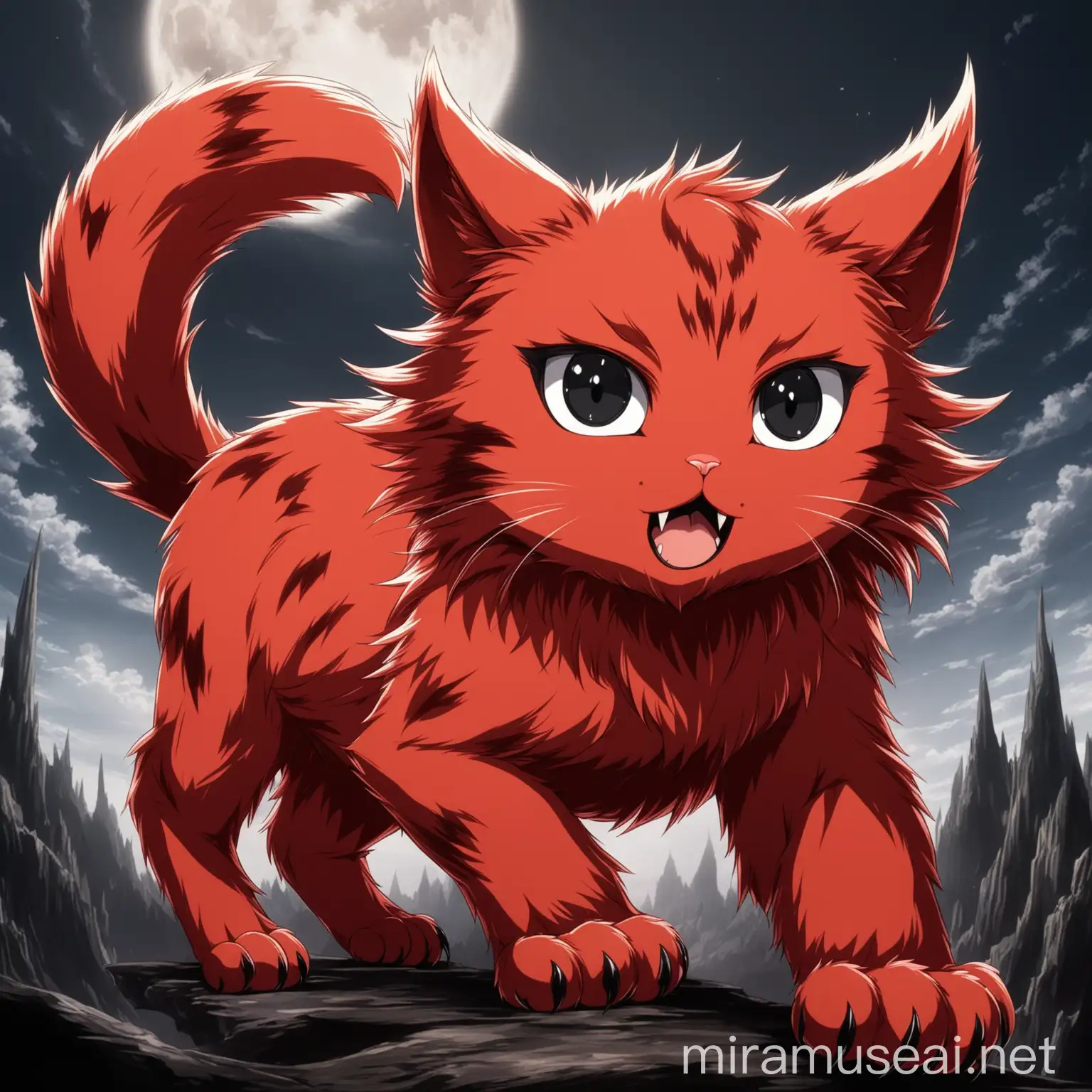 Fantasy Red Cat with Big Paws and Claws in Anime Style