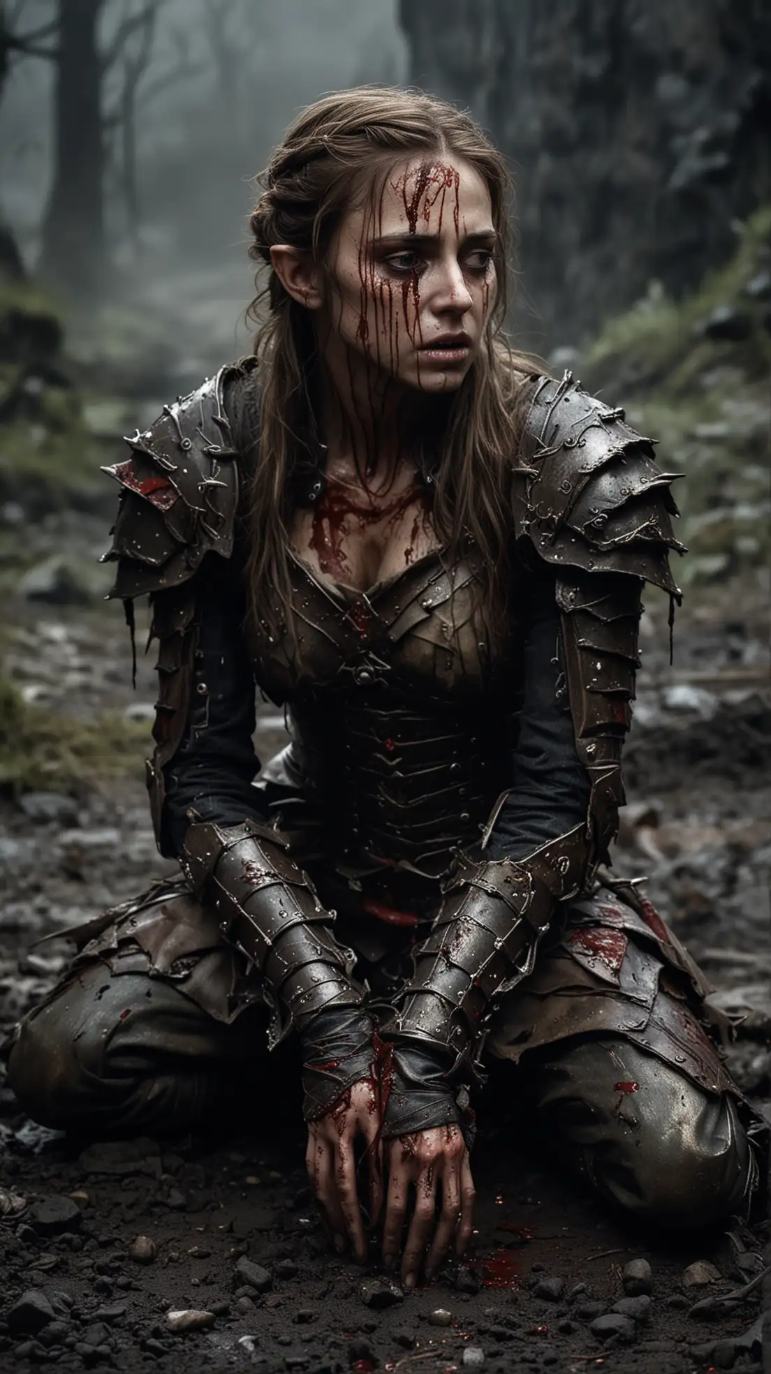 Collapsing Elf queen with brown hair and light damaged armour is wounded with blackened face, bleeding wounds, battle worn, darkly bruised eyes, covered in blood and dirt, who is kneeling on a desolate, gruesome battlefield at a dark night. She is suffering with closed eyes and tortured with excruciating pain.