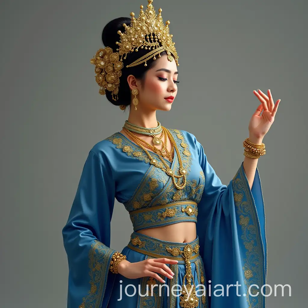Traditional-Indonesian-Dancer-in-Blue-Kebaya-with-Golden-Minangkabau-Crown
