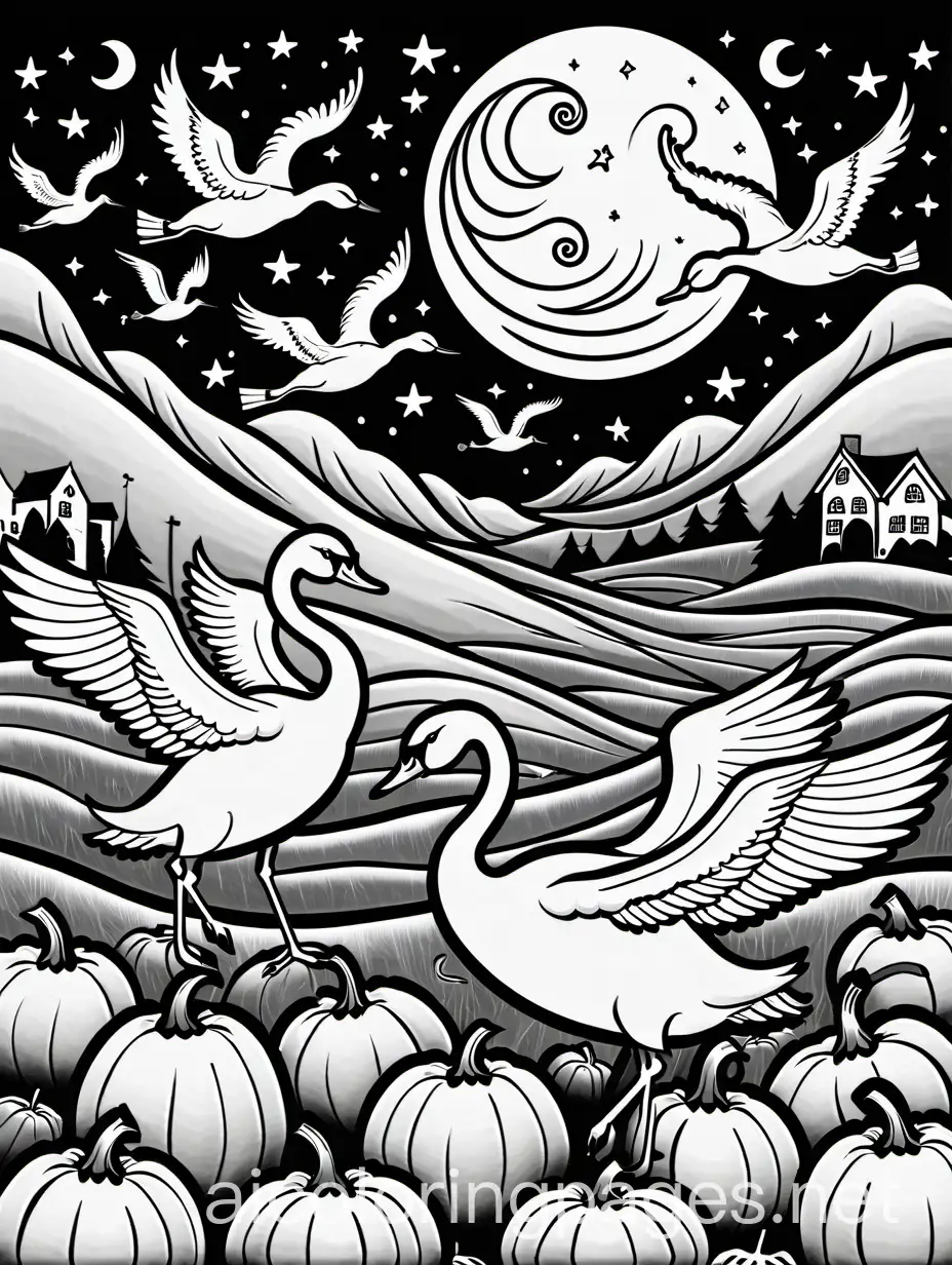 Whimsical-Trumpeter-Swans-in-Witch-Hats-Over-a-Pumpkin-Patch