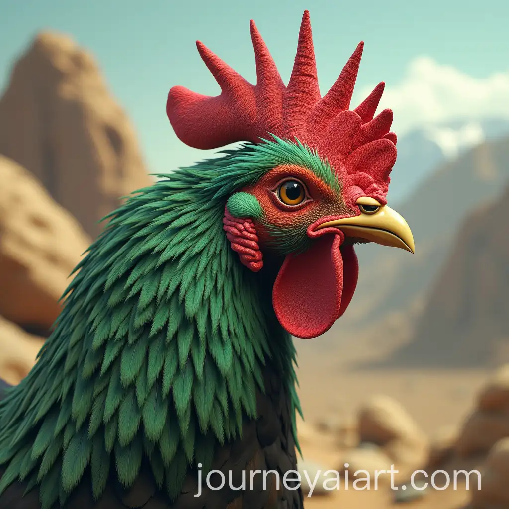 Realistic-Chicken-with-Green-Feathers-and-Lebanese-Raouche-Rock-in-the-Background