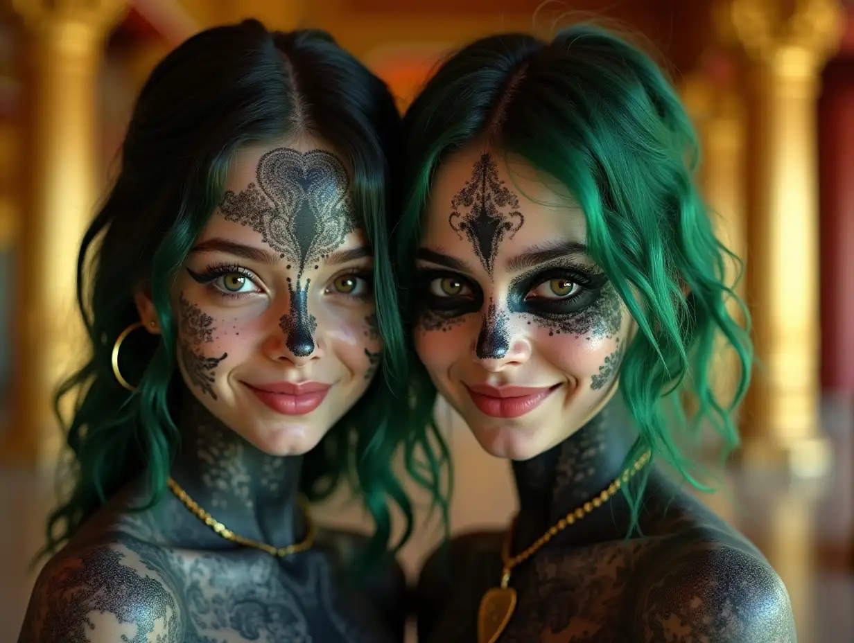 Two young girls with black and white pattern, alien face, with green hair, with a slight smile on their faces, accentuating their smiles, modern retro jewelry, in a temple with lots of gold in various shades 4k