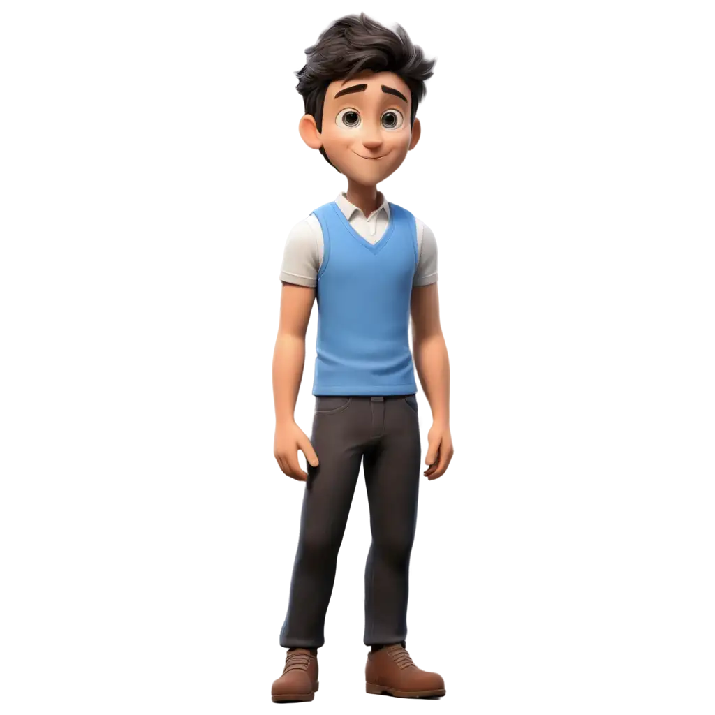Standing straight male character cartoon clothing him a blue sleeveless shirt more realistic make again