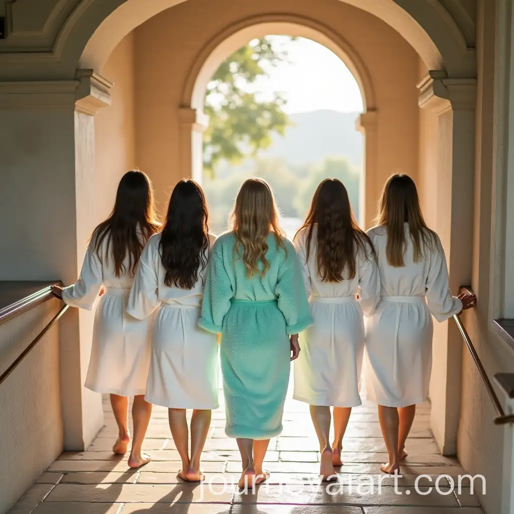 Group-of-Friends-Walking-Down-Stairs-in-Luxurious-Spa-in-Fluffy-Robes