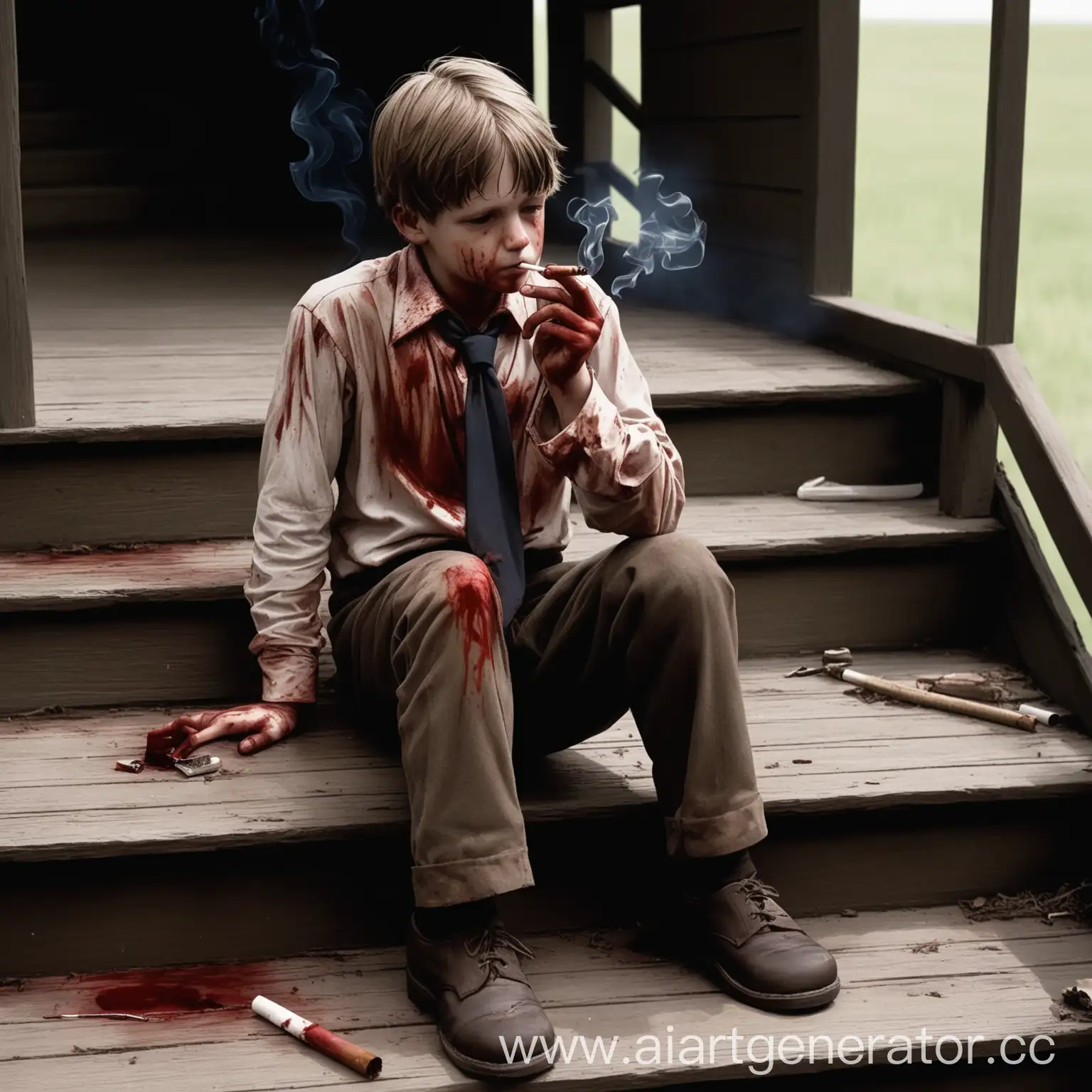 Boy-Smoking-on-Landing-with-Bloody-Shirt-and-Pioneer-Tie