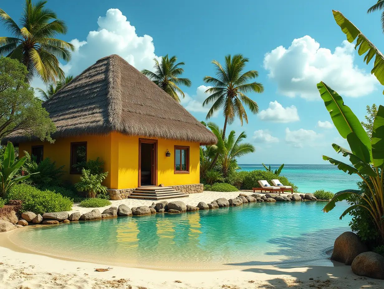 Crooked yellow house with garden And a pond on the beach with bananas, shrubs and palms 4K resolution colorful wide-angle shots