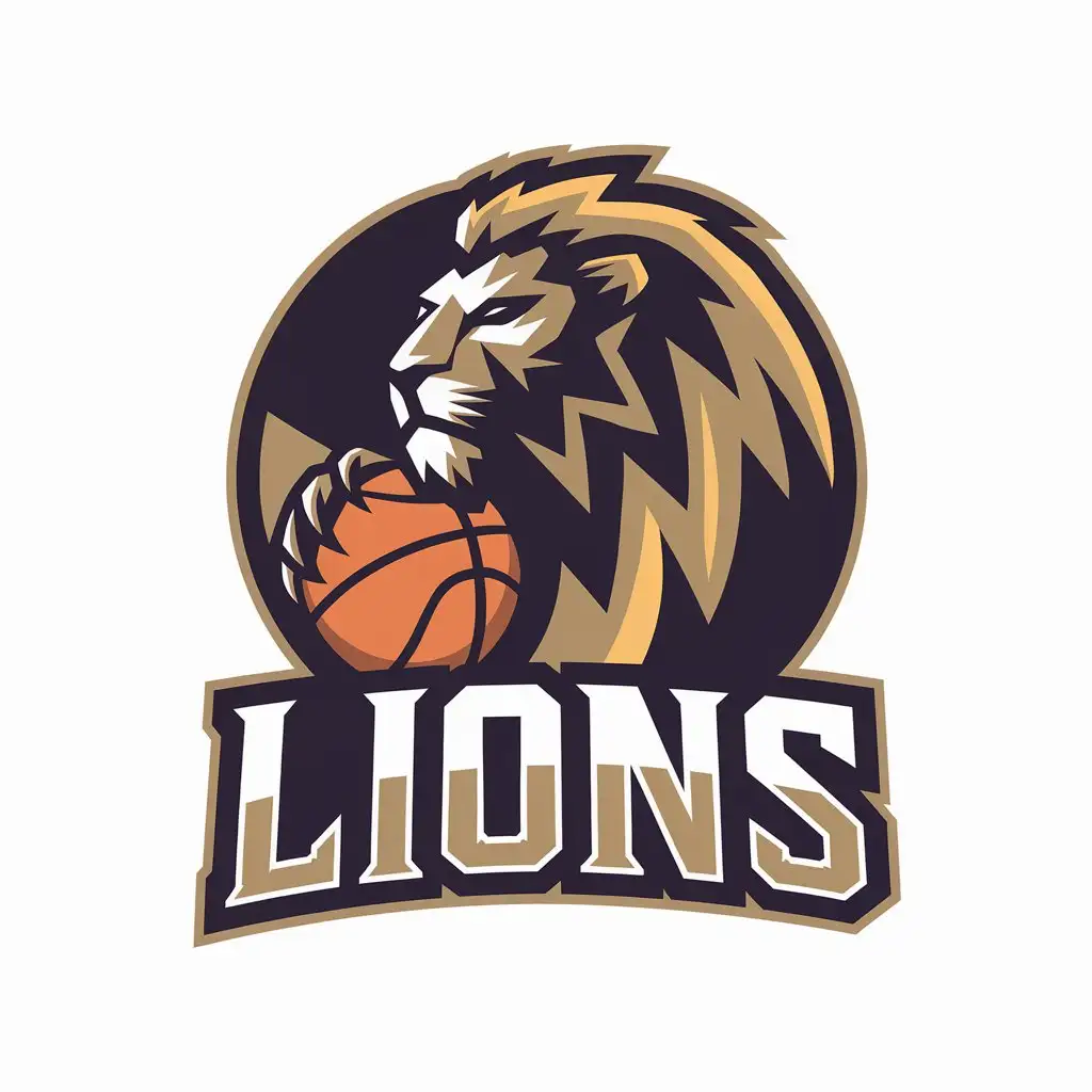 a vector logo design,with the text "Lions", main symbol:create a circular 2D flat vector esport logo design of a lion with a basketball,Moderate,be used in Sports Fitness industry,clear background