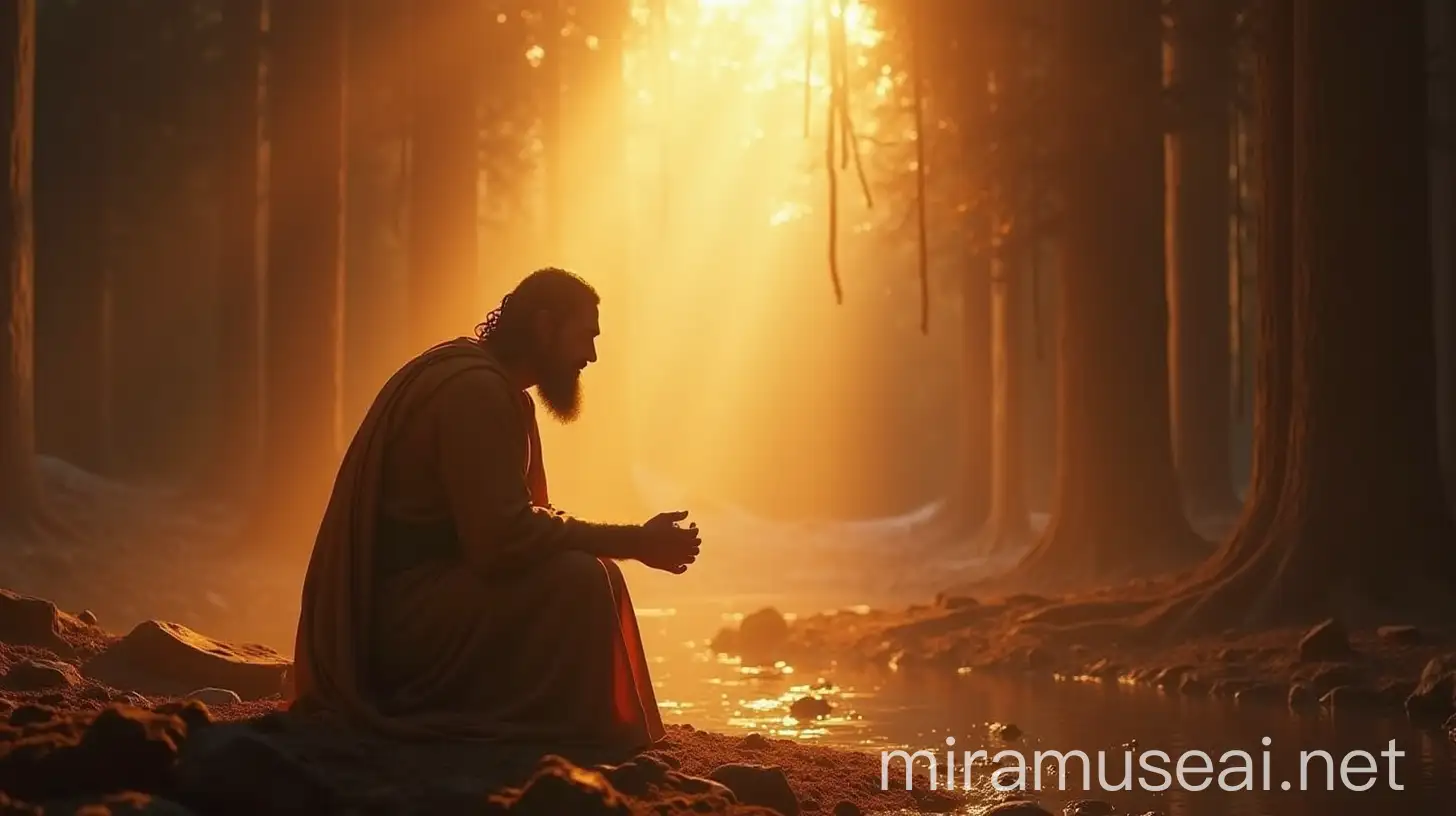 CREATE IMAGES IN CINEMATIC STYLE OF JOB , THE BIBLICAL CHARACTER ON His KNEES SPEAKING WITH GOD