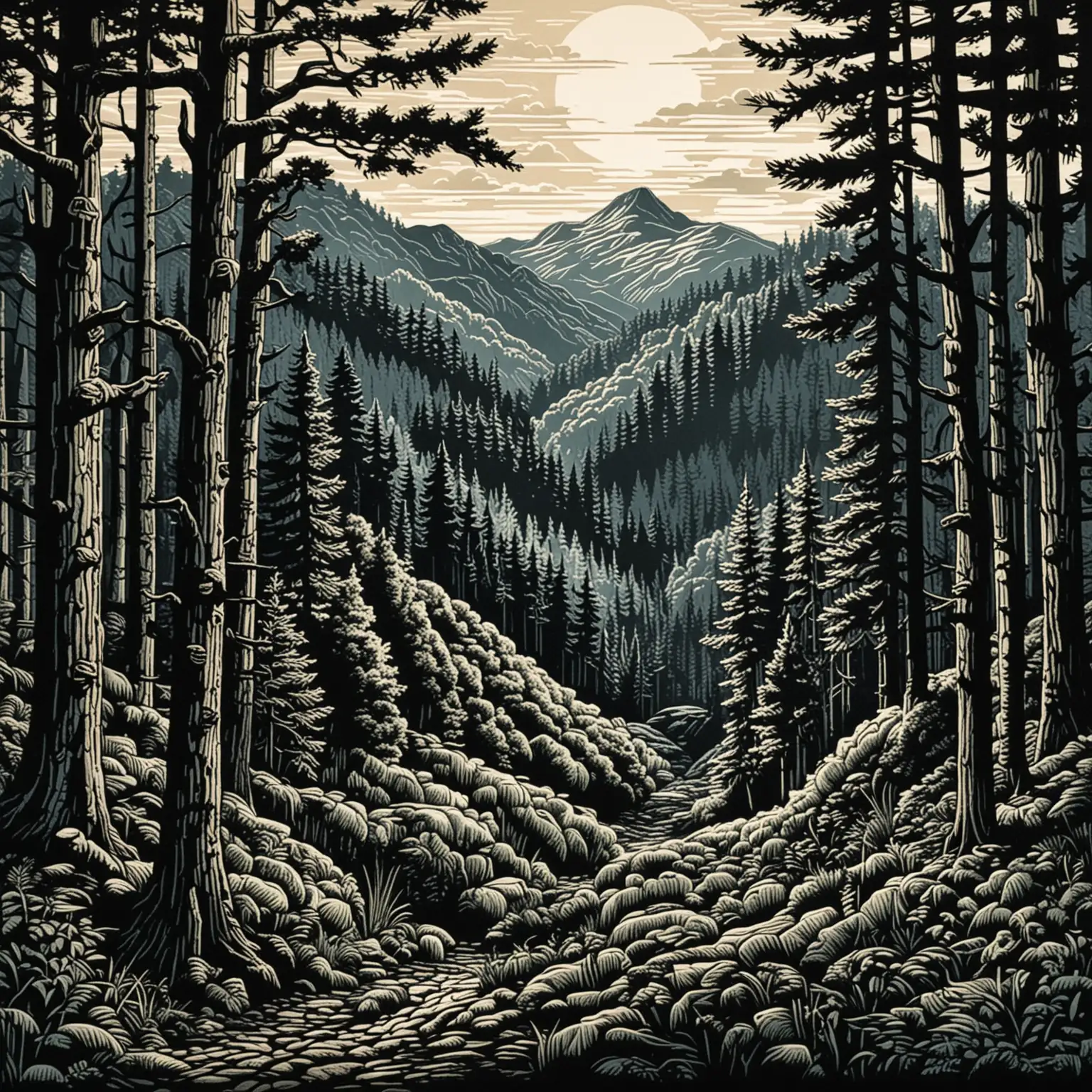 Linocut Forest Landscape with Rolling Hills