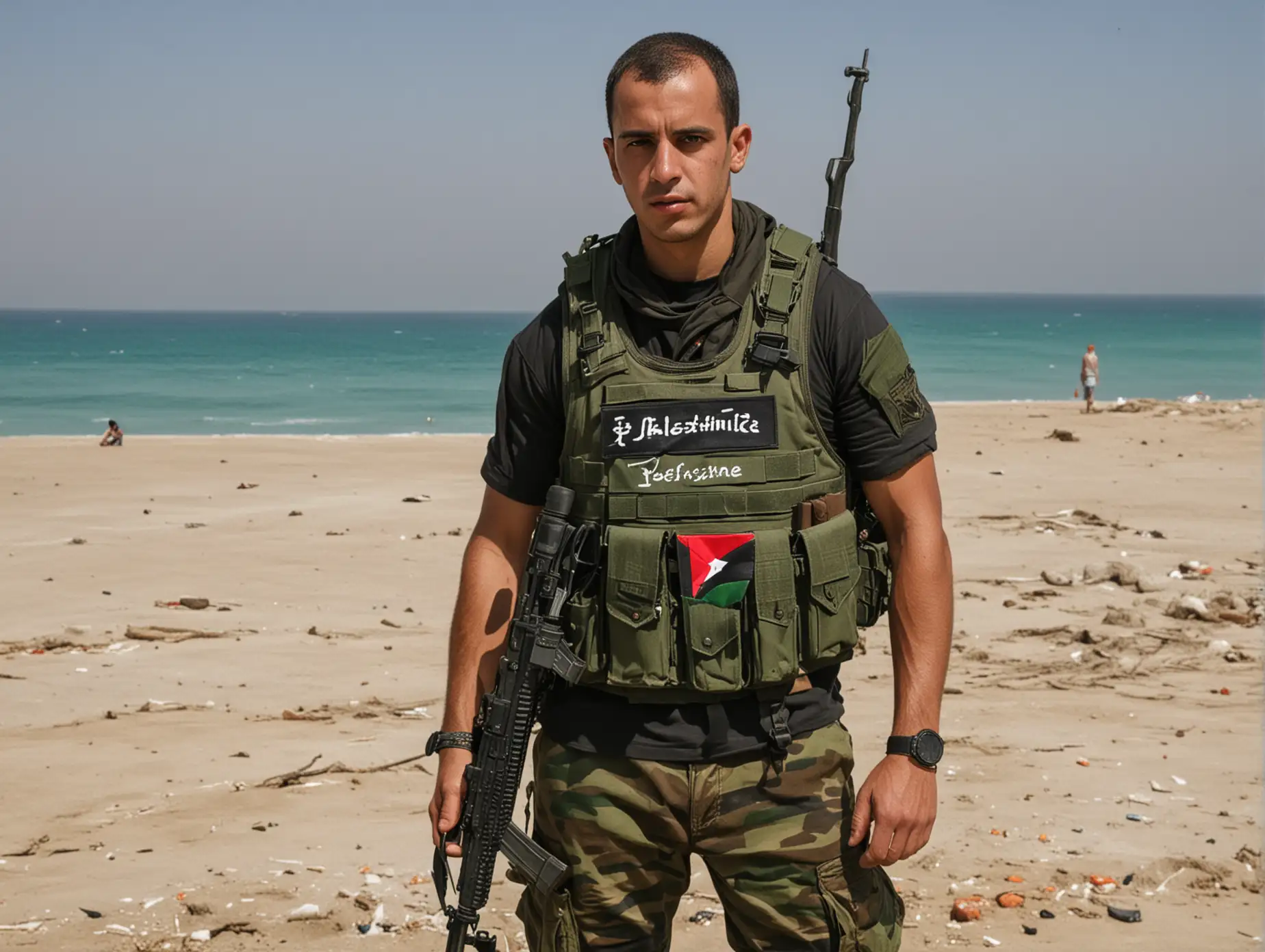 Palestinian-Soldier-with-Automatic-Weapon-on-Beach-with-Flag-and-Sea