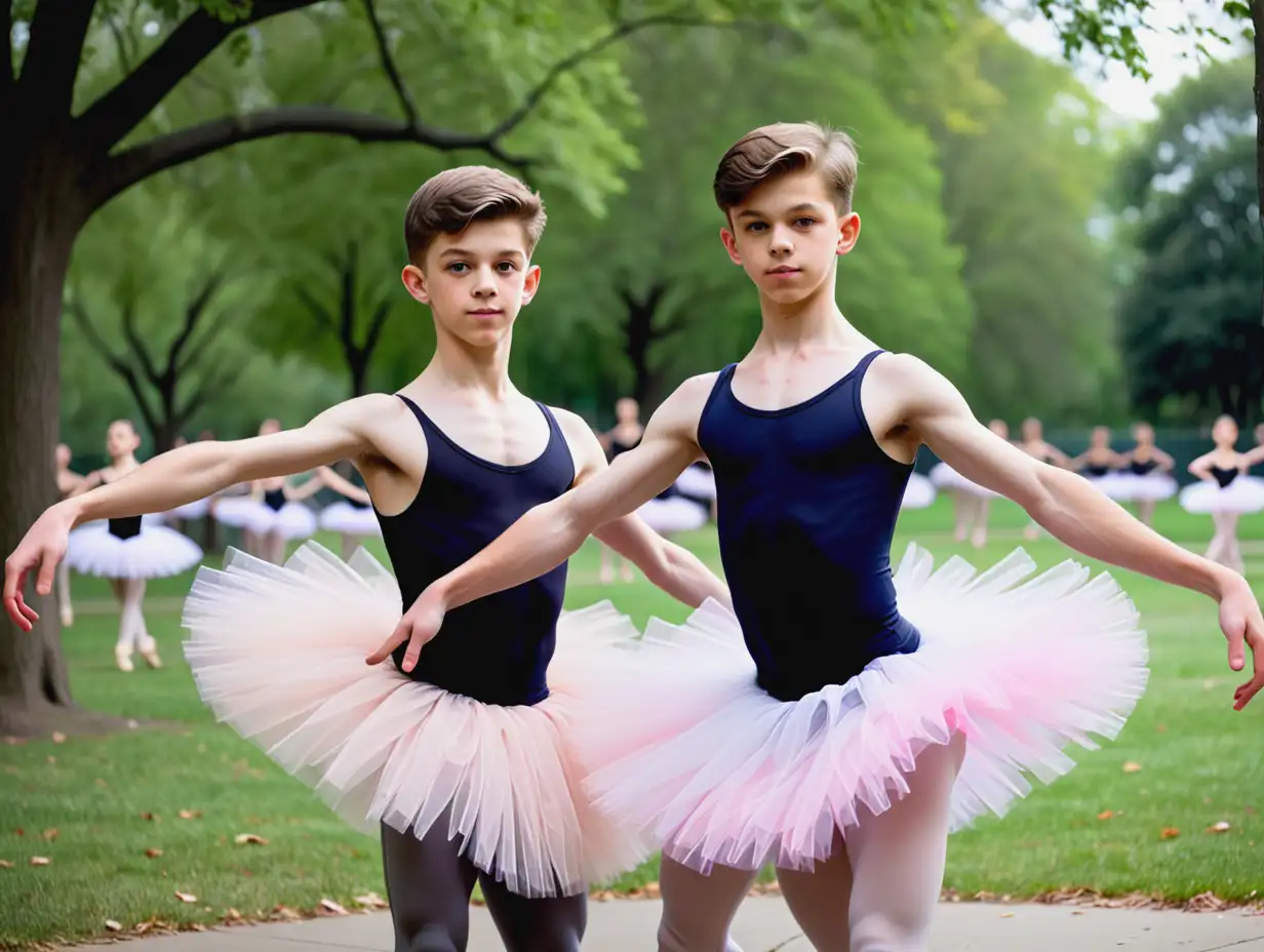 2 shorthaired teen boys wearing ballet tutus performing in a park