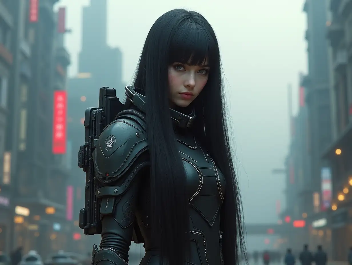 young female, full length figure, long straight hair with bangs, wearing Giger style combat suit, city of the future, action scene, panoramic view, realistic, digital art, trending on artstation, sharp focus, studio photo, intricate details, highly detailed, depth of field, unreal engine, perfect composition, 8k