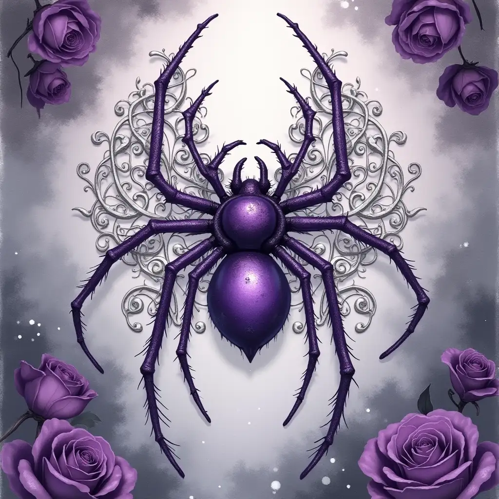 Flux art. Create an image featuring a central purple Spider, surrounded by intricate silver filigree and dark purple roses. The background should be a gradient of light to dark grey with subtle speckles, evoking a mystical space. Watercolor style.