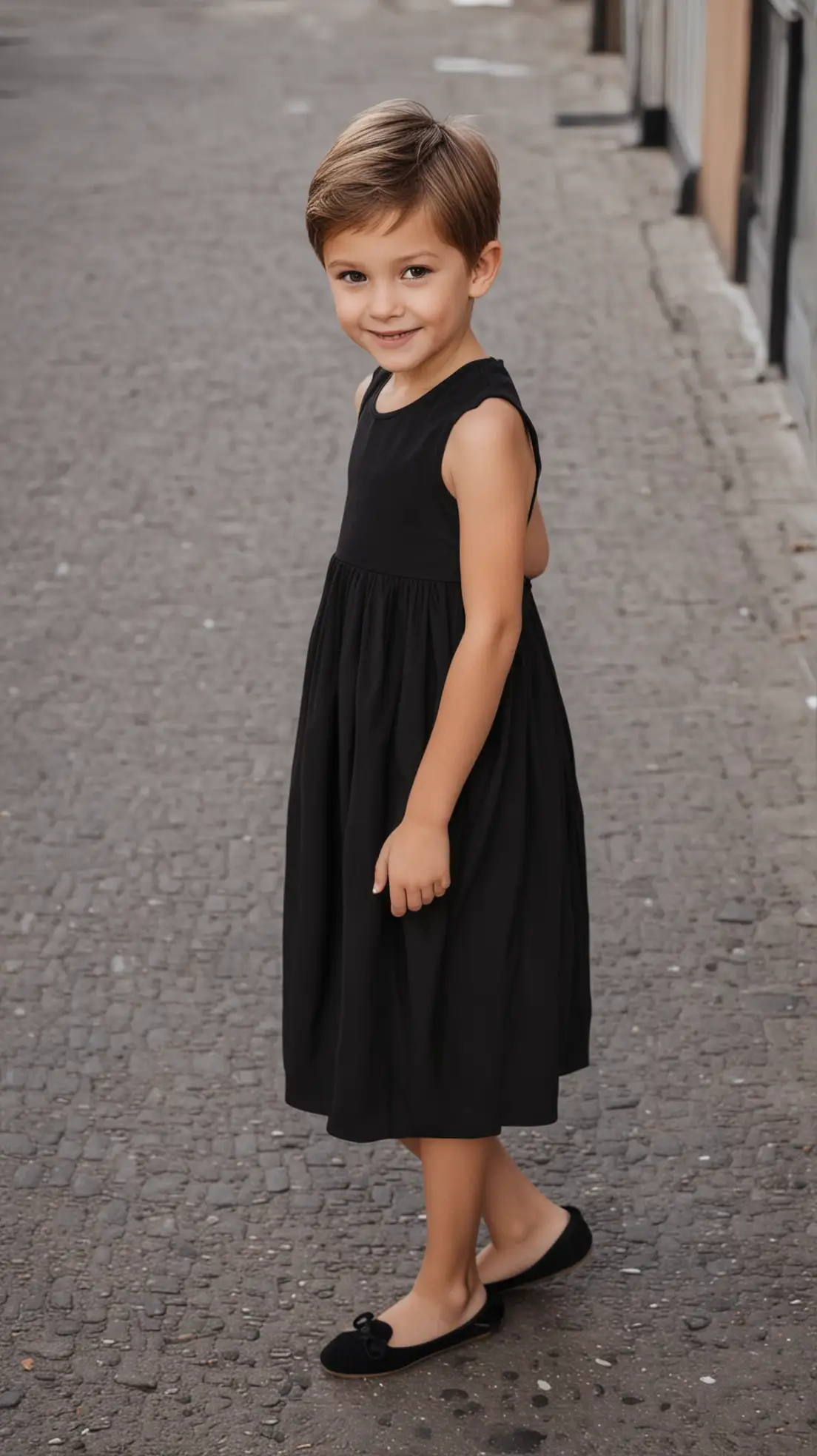 Smiling-Little-Boy-in-Maxi-Black-Dress-and-Ballet-Flats-in-the-City