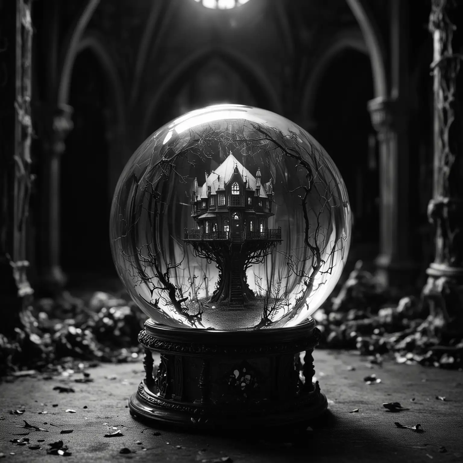 Gothic Crystal Ball Eerie Monochrome Scene