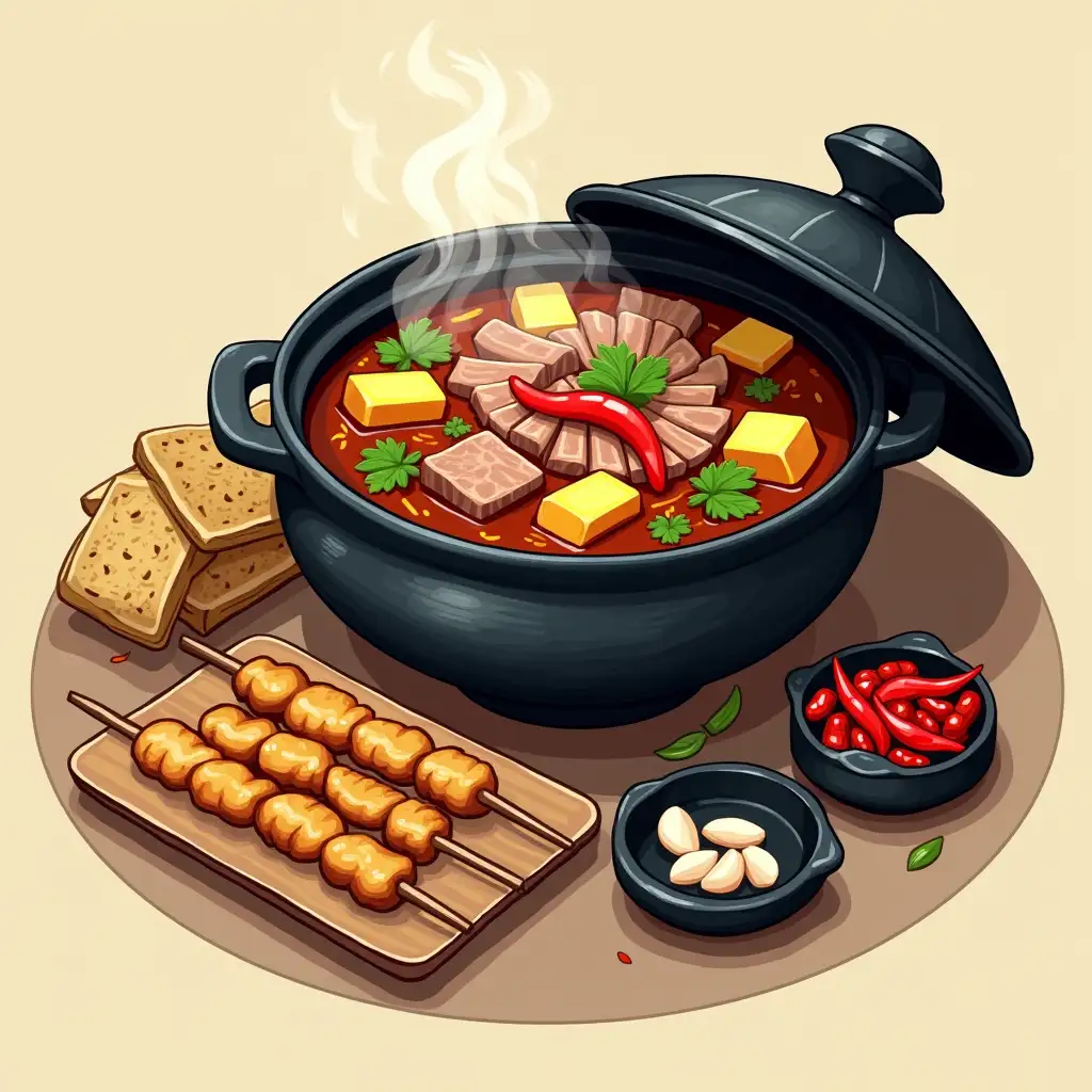 Cartoon Style Illustration: It depicts a delicious stew, simmering in a black clay pot with the lid leaning against the side of the pot; Inside the pot, there are yellow chunks of radish, a small amount of tofu skin, and plenty of meat slices and red chili peppers, all slowly stewing in a rich sauce; Next to it is a square bamboo plate, holding a few skewers of grilled meat, with occasional bits of green cilantro leaves on the skewers; Beside it, there is a round black ceramic dish with a very unique shape, containing strips of golden-brown toasted bread, occasionally with slightly burnt spots; There is also a small black dipping dish nearby, filled with red chili peppers and white garlic cloves; The entire scene portrays a sumptuous feast that makes one's mouth water.