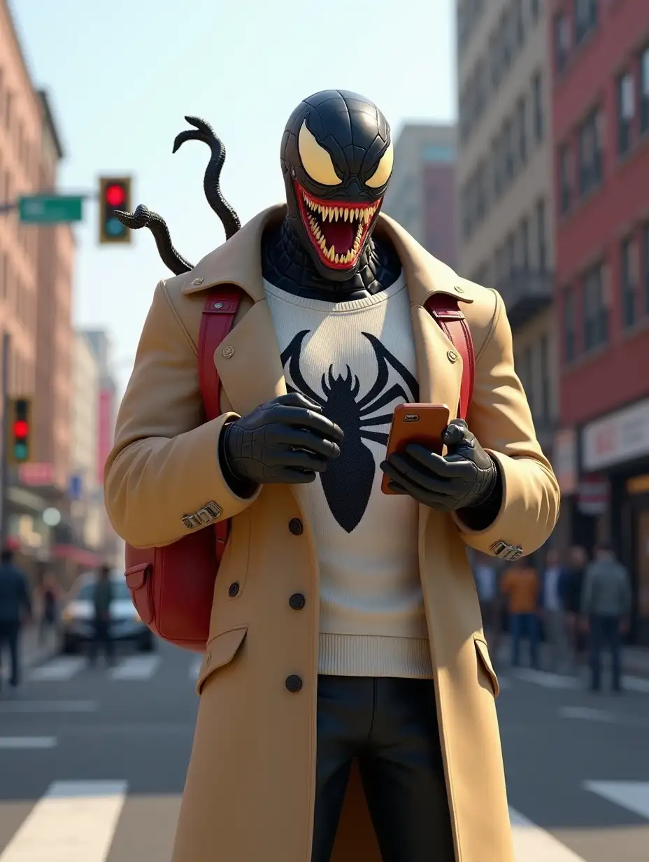 A highly detailed, ultra-realistic 3D render of Venom standing in a busy city street during daytime. He is wearing a stylish beige trench coat over a White sweater with a subtle symbiote design, and carrying a Red leather backpack. His iconic black, glossy symbiote skin reflects natural sunlight, and his large, menacing grin reveals razor-sharp teeth. His yellow eyes glow intensely, and small symbiote tendrils extend from his shoulders, subtly animated. Venom is casually using a smartphone, as if texting or scrolling through social media, blending his monstrous form with everyday life. The background features a vibrant urban setting with traffic lights, cars, and pedestrians, creating a lively and realistic city atmosphere. The image is rendered in 4K resolution, capturing every fine detail, from fabric textures to facial reflections and atmospheric lighting.