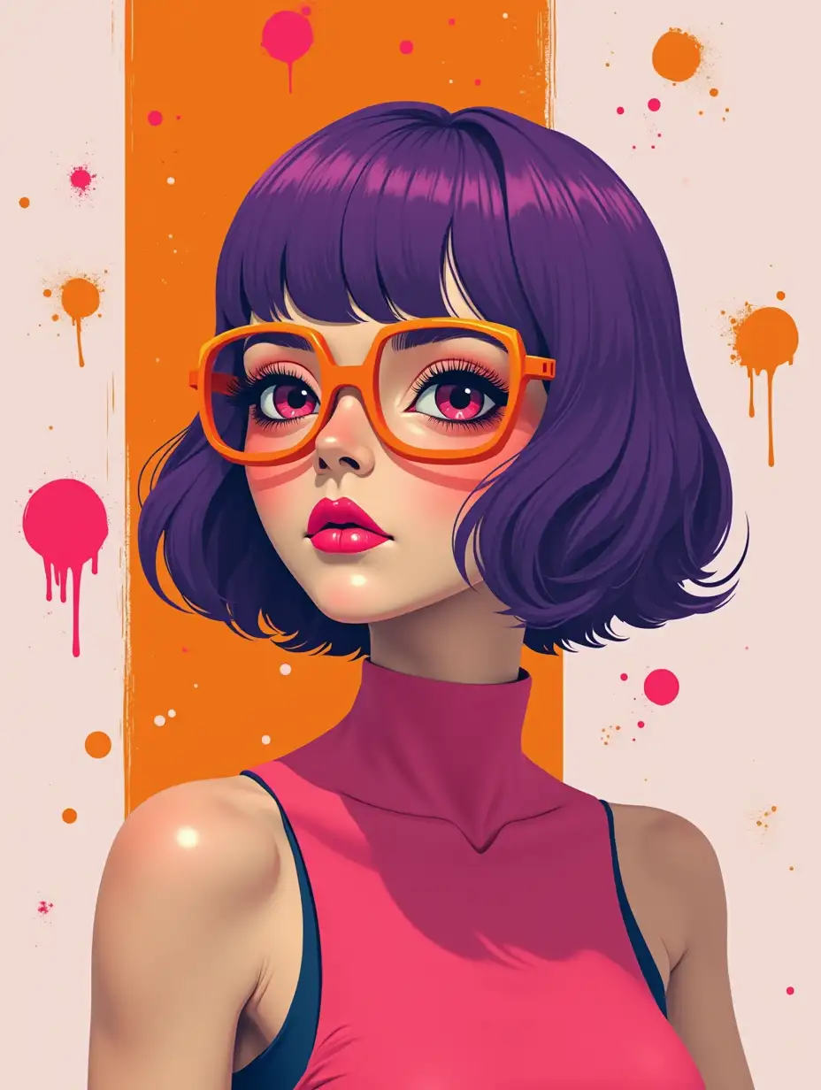 Semirealistic futuristic looking woman with purple and orange hair in the style of tom whalen, flat colors, purple orange and white broad strips paint in the background, outrun paint splotches