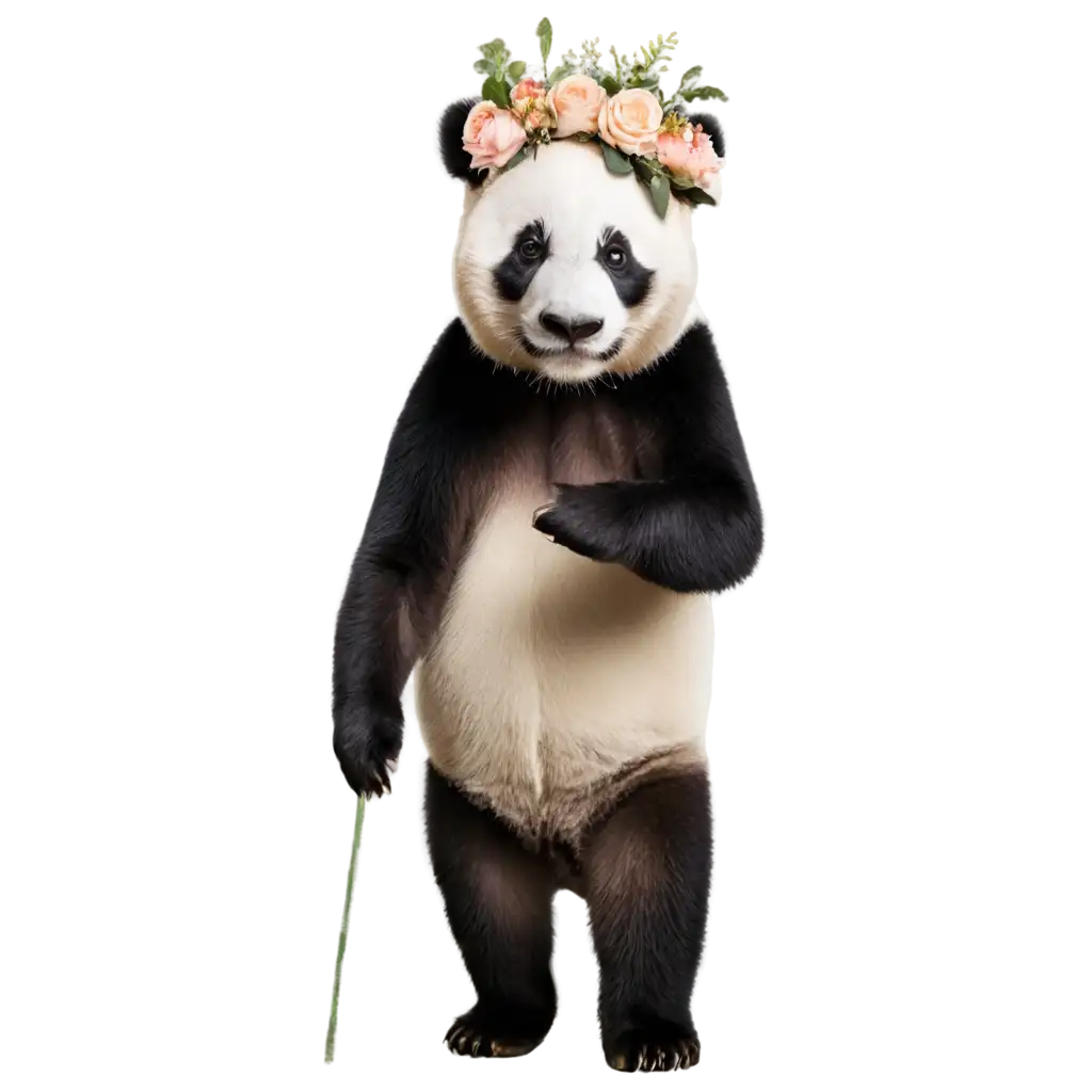 panda with a wreath of flowers on head
