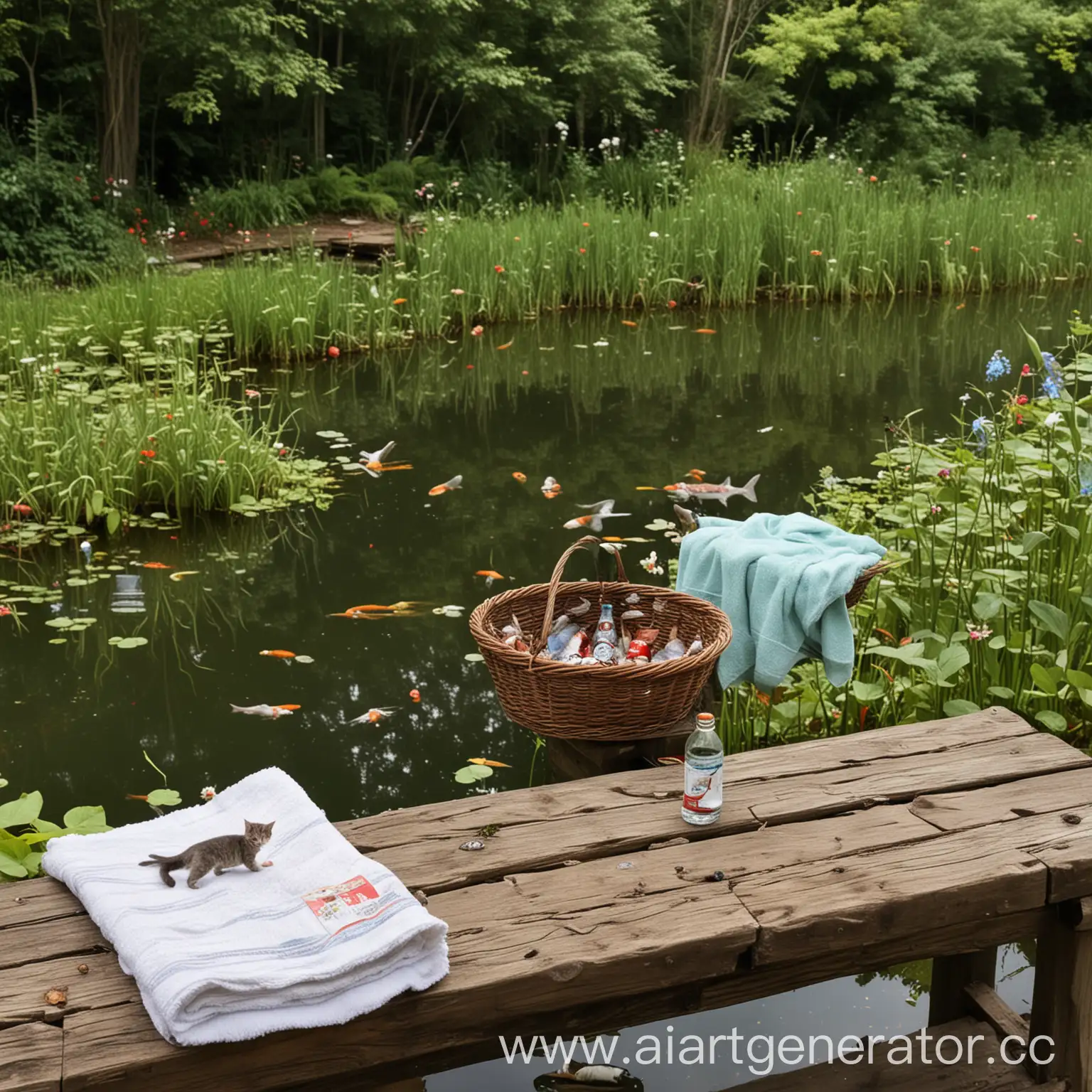 Tranquil-Pond-Scene-with-Wildlife-and-Relaxing-Bench