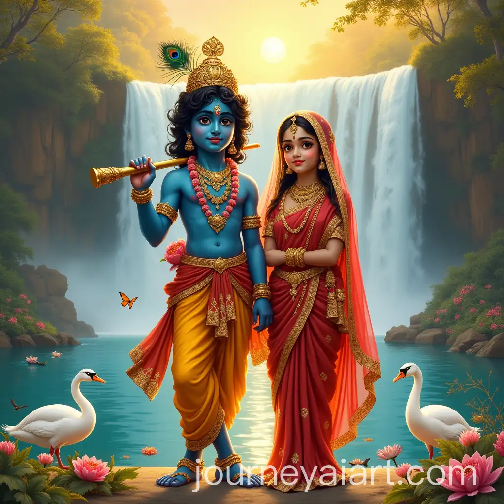 Radha-and-Krishna-in-Divine-Harmony-with-Waterfall-and-Peacock