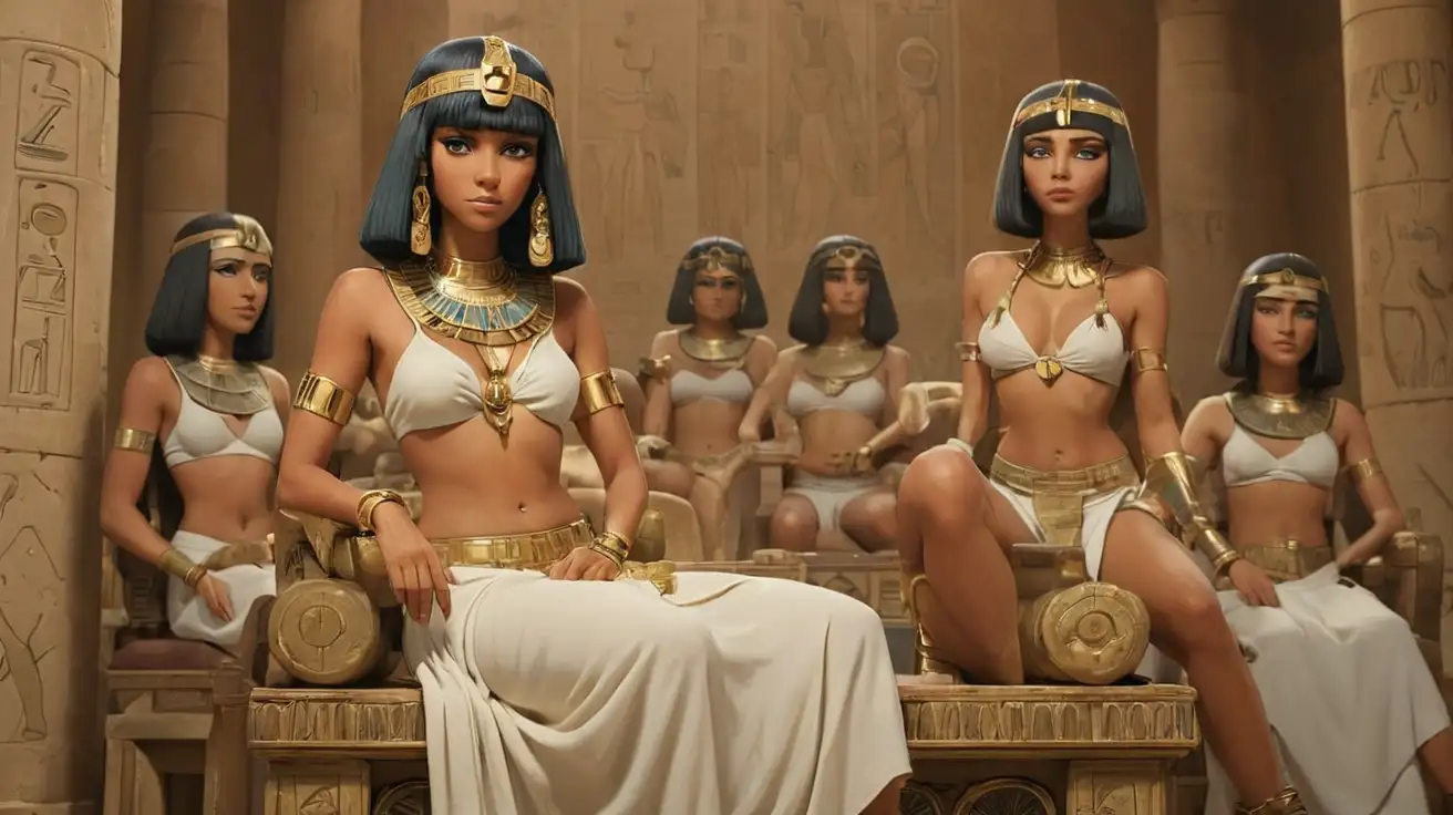 a topless tanned Cleopatra with bob haircut sitting on her throne, only wearing long traditional skirt with Ancient Egyptian ornamentation, surrounded by four half-naked maids who are giving her food