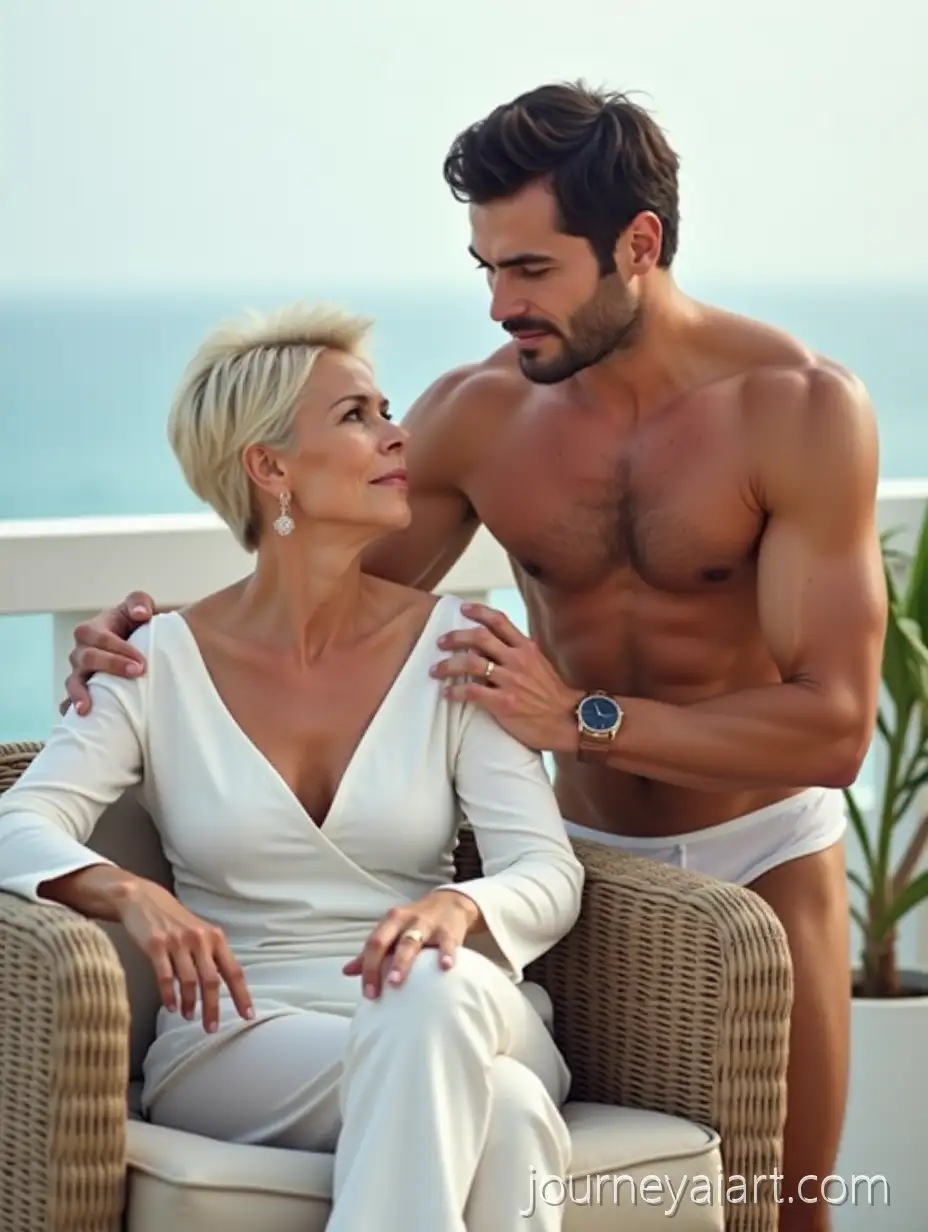 Couple-on-Terrace-with-Sea-View-Woman-in-White-Pant-Suit-and-Man-in-Tight-String-Underwear