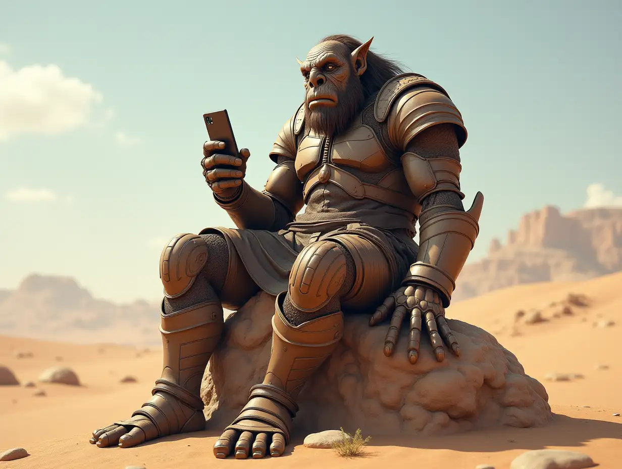 Create for me a 20 meter Android Titan Troll with brown striped armor sitting on a rock in the desert with a phone in its hand.