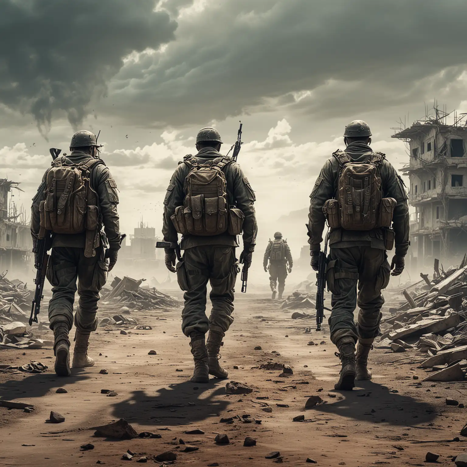 three soldiers walking and the one in the middle is a little ahead, post-apocalyptic background and with a side perspective, the three soldiers are not armed, they are walking towards the horizon