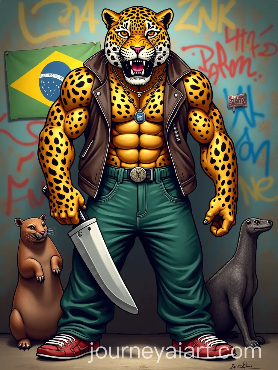 Muscular-Jaguar-with-Machete-and-Capybaras-in-Brazilian-Graffiti-Streetwear