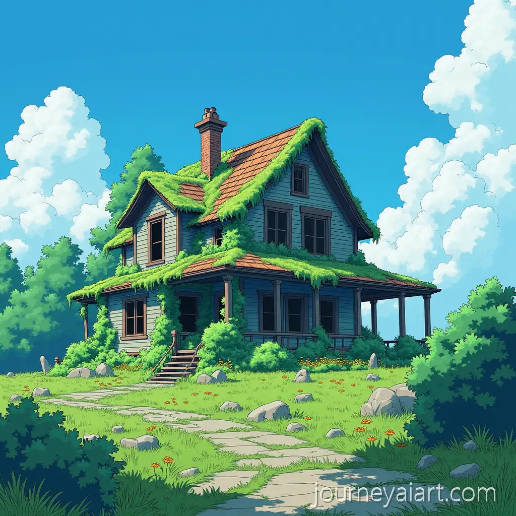 Abandoned-House-Overgrown-withAbandoned-house-overgrown-nature-Nature-Under-a-Blue-Sky-Studio-Ghibli-and-Makoto-Shinkai-Inspired-Anime-Art