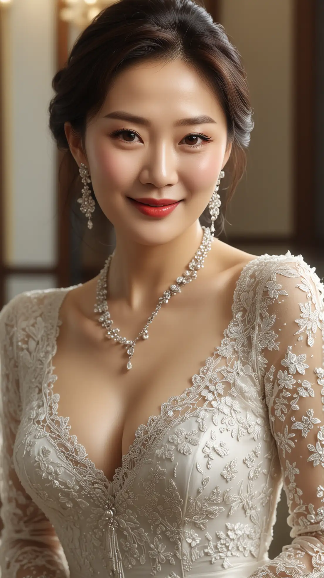 Elegant-Korean-Woman-in-Lace-Dress-with-Jewelry-in-Luxury-Hall