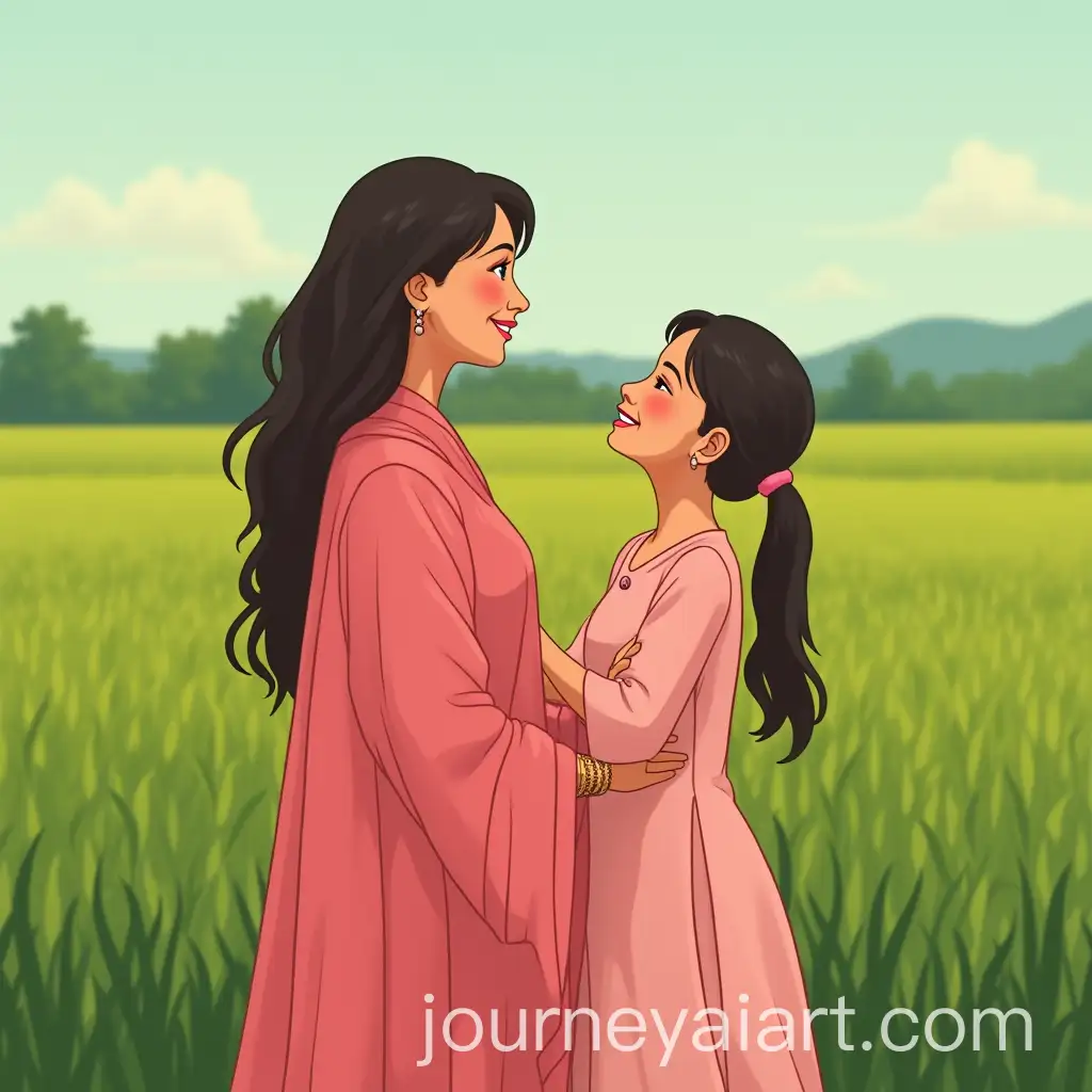 Mother-and-Daughter-in-Pink-Dresses-Posing-in-Green-Crop-Field
