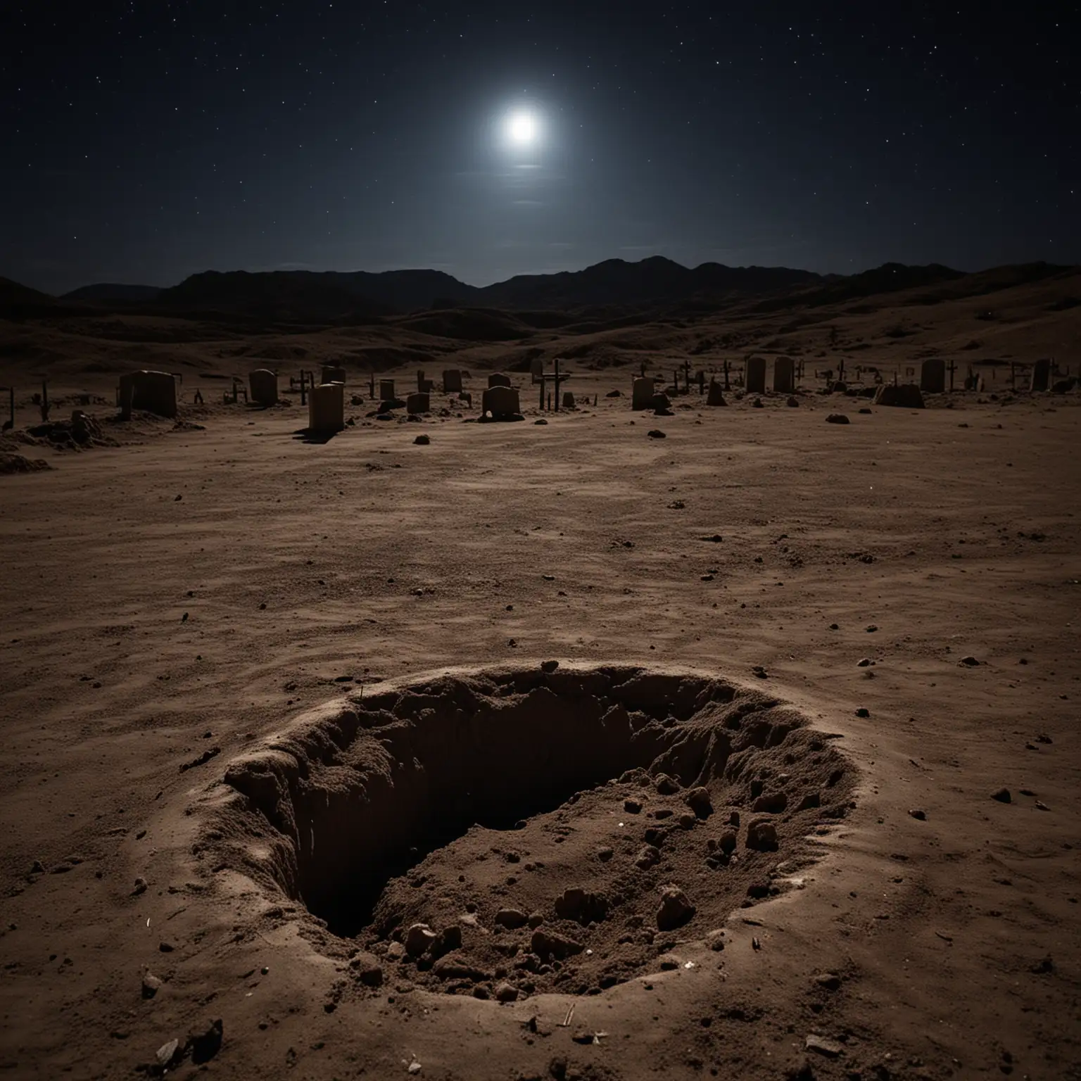 desert, night. An empty grave is dug, behind it a few small hills