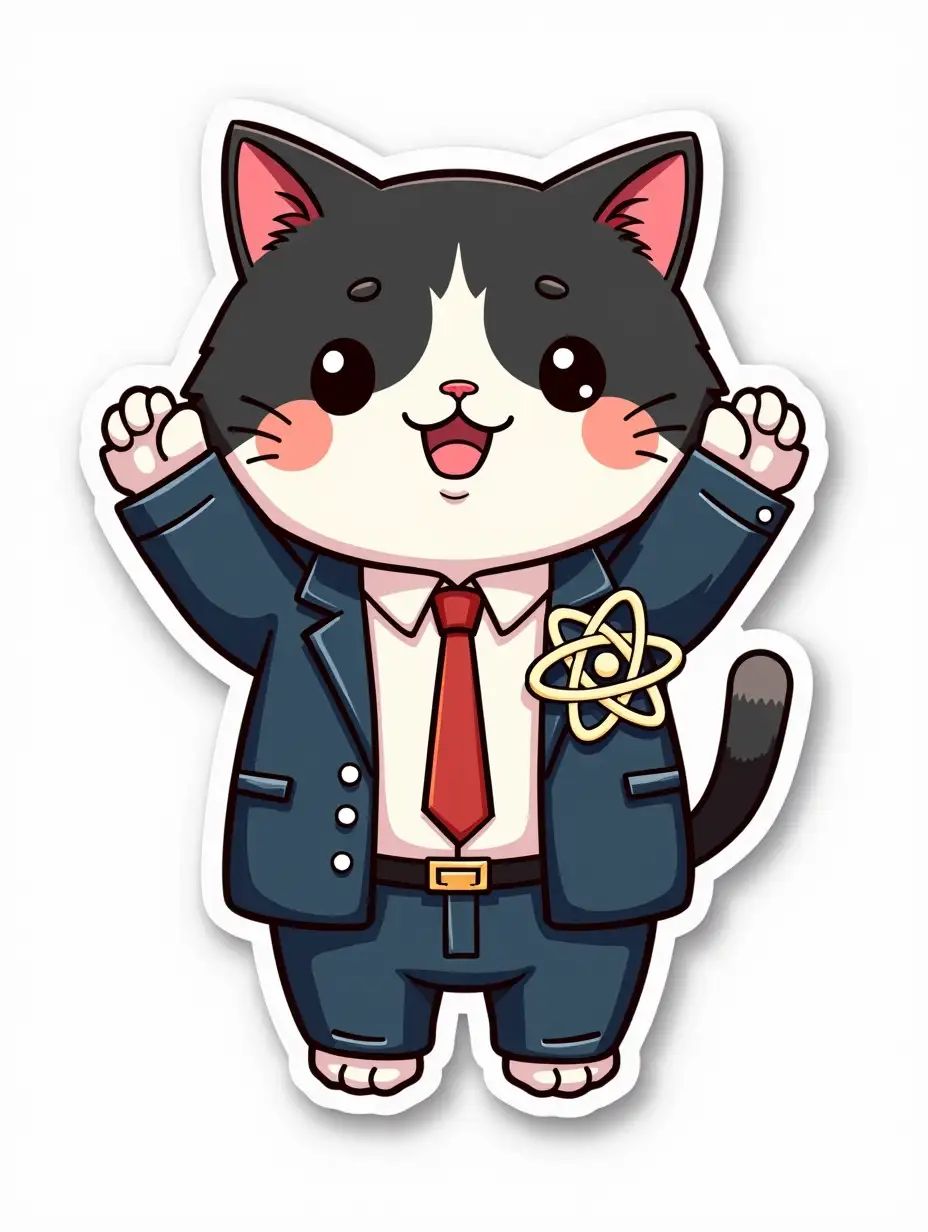 kawaii positive fluffy little black and white cat in office clothes with of an atom symbol between the arms, vibrant and dynamic die cut sticker design top-view, high resolution, vector art,  white background, paint in anime style