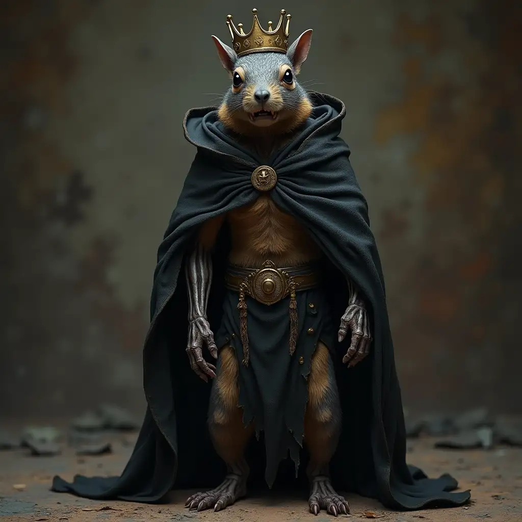 realistic zombee-squirrel-king-undead-corpse in medieval-torn-black-dead-robe of king with crown on head stands on floor full height