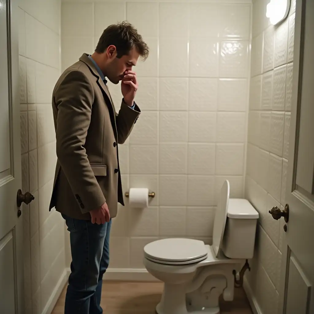 Persona tapándose the nose when entering the bathroom due to bad smell in the toilet
