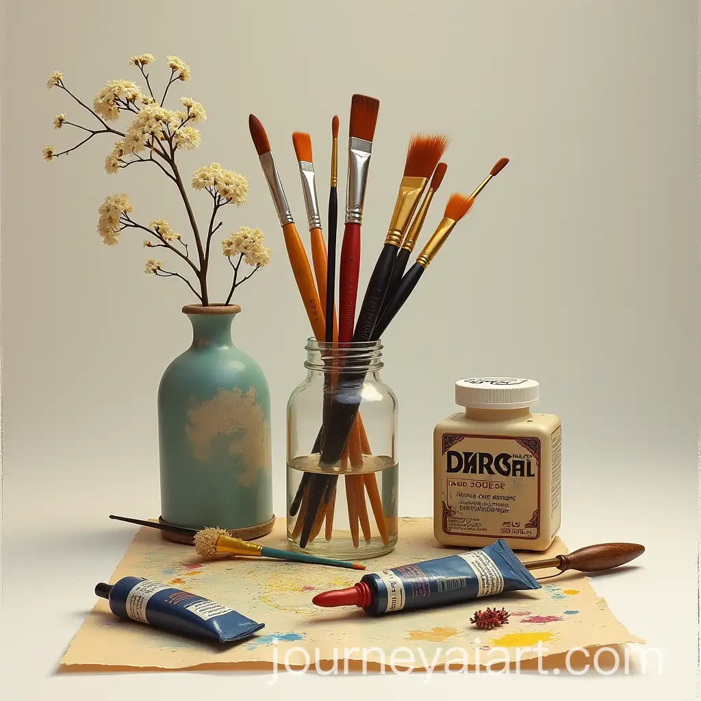 Hyperrealistic-Still-Life-of-Artists-Supplies-on-Stained-Paper