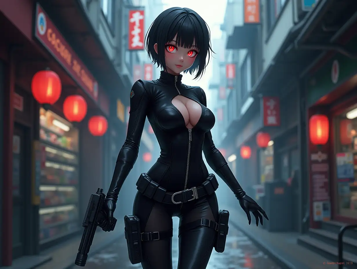 Short hair, mature Asian woman thief cyber runner in a dynamic full-length pose, eyes with red electronic pupils, large breast, extreme skintight body glove zipped down with cleavage, combat boots and combat belt. Full view of her body from boots up, low wide angle. Future store filled city alley street. Anime