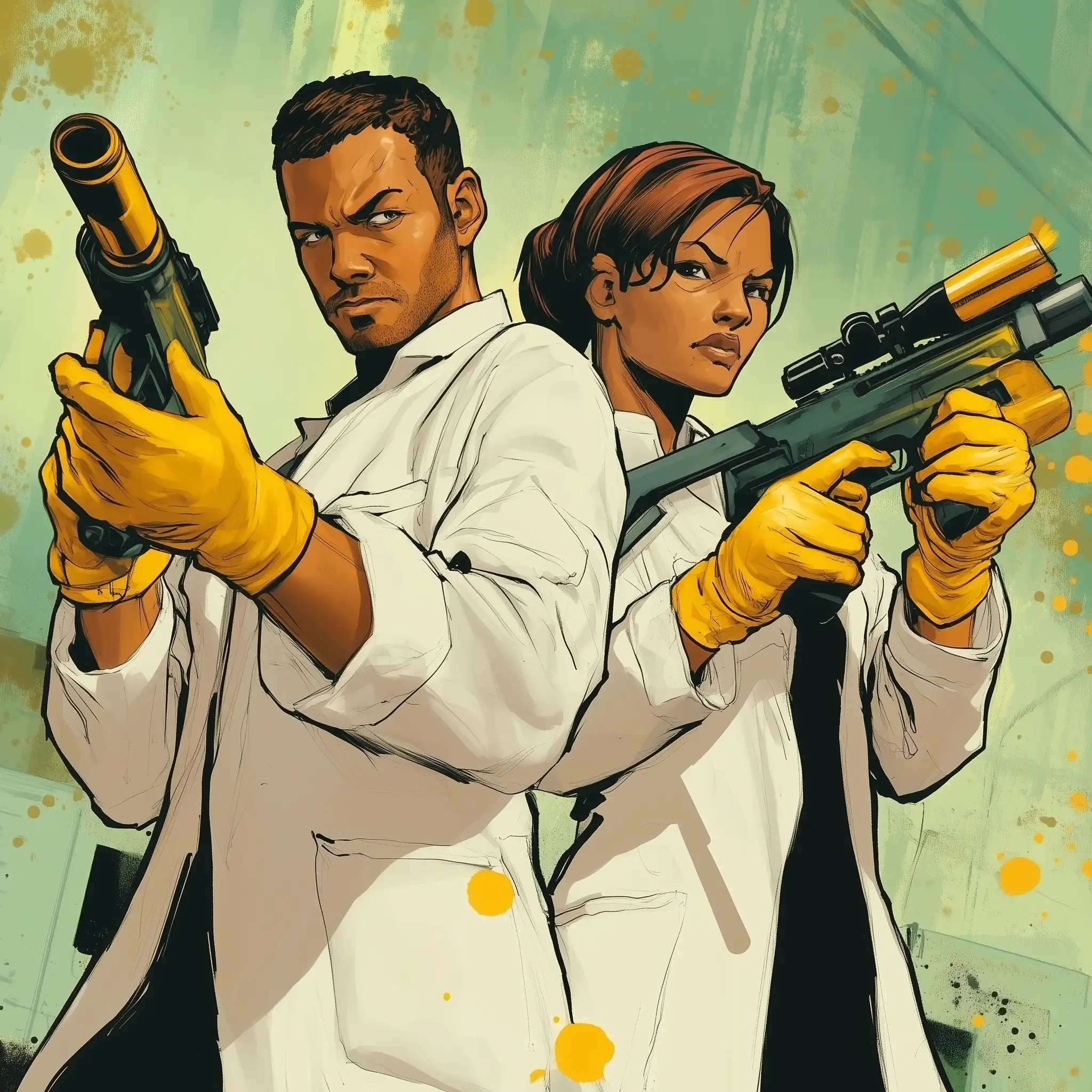 Comic-Style-Criminals-with-Paintball-Guns-in-Lab-Coats-and-Rubber-Gloves