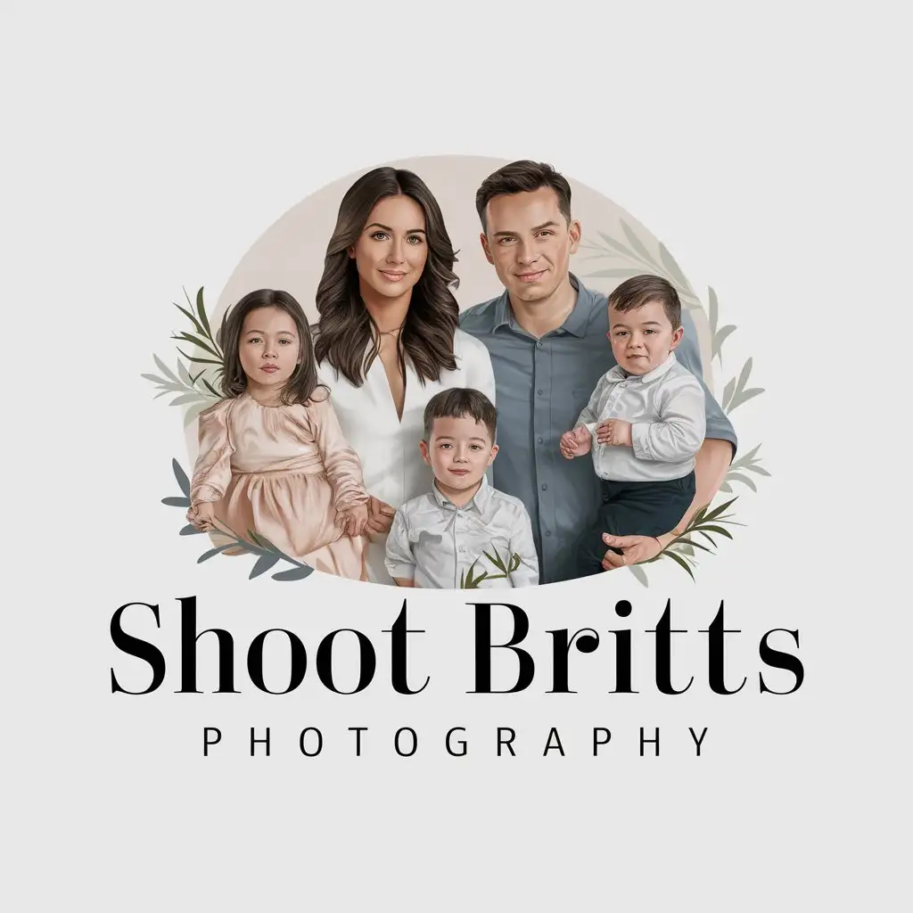 a vector logo design,with the text "SHOOT BRITTS PHOTOGRAPHY", main symbol:Elegant, Modern, a realistic family portrait background, ultra detailed, ultra realistic, 8K resolution, photography Studio, full body view,complex,be used in Photography Studio industry,clear background