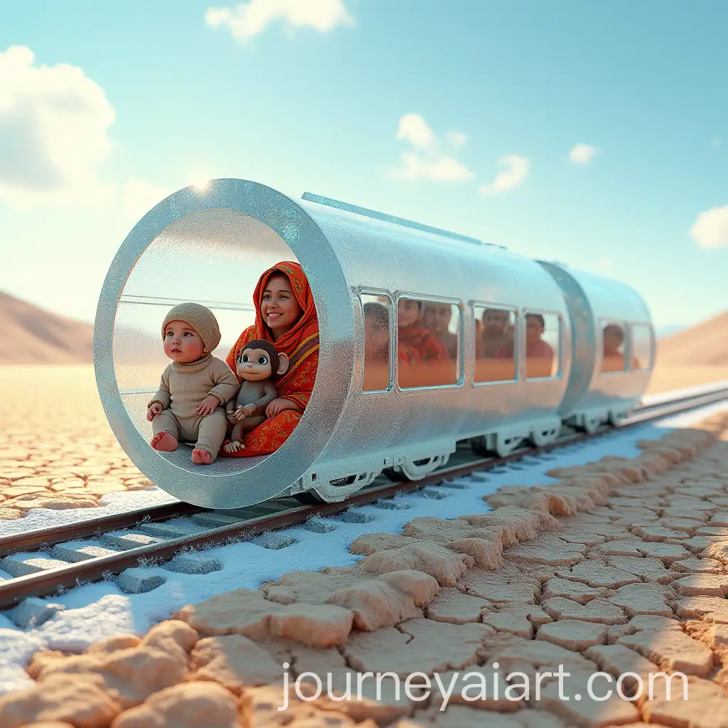 Crystal-Ice-Train-in-Desert-with-Happy-Passengers-and-Playful-Monkey