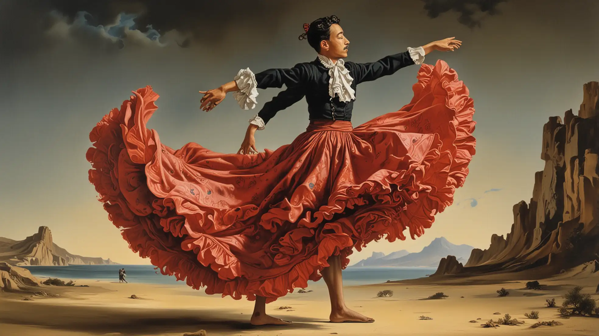Salvador Dalí painting of an adolescent boy dancing flamenco in a swirling skirt