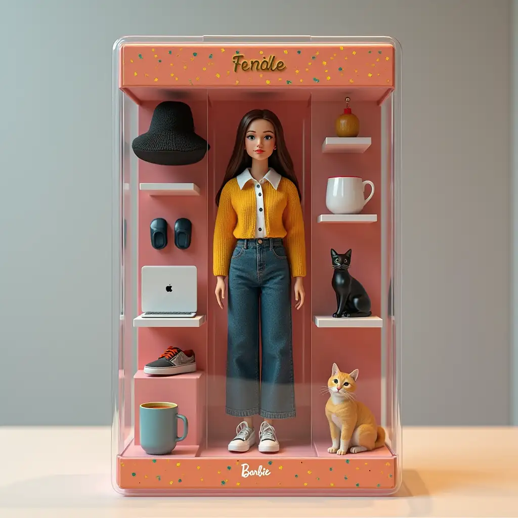 Create a photorealistic collectible figurine of the person in the photo. The figurine should be full-length and fit into a transparent plastic box with a colorful cardboard background, like real collectible toys. Make the packaging as realistic as possible - shiny plastic, sections for items and a design in the style of a toy store. Write the brand Feride Enverovna on the box. The background of the packaging will have an atmosphere: minimalism. Place accessories next to the figurine: laptop, cat, phone, sewing accessories, coffee Make a figurine in the style of Barbie