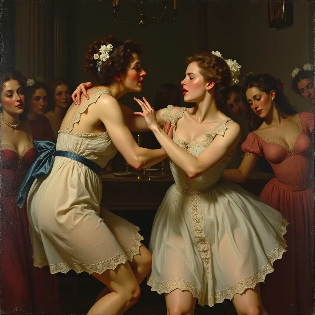 19th-Century-Painting-of-a-Heated-Fight-Between-Women-in-Lace-Mini-Dresses-at-a-Wedding-Banquet