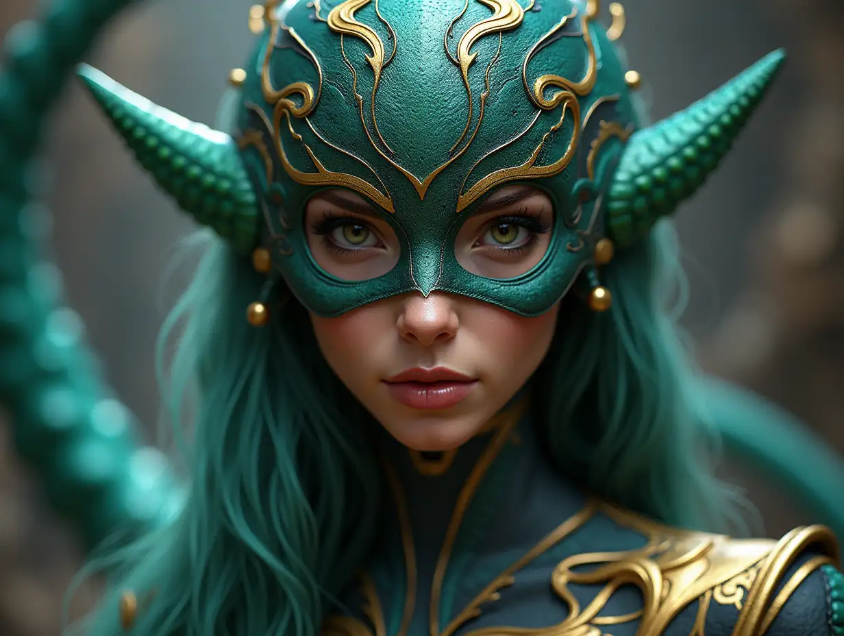 Make it hyperrealistic, dynamic and with ultra-high resolution at 4k: Create an image of Ant-America Alfred AquamanMedusa. She should be beautiful and seductive, so that her view will turn all men into stone